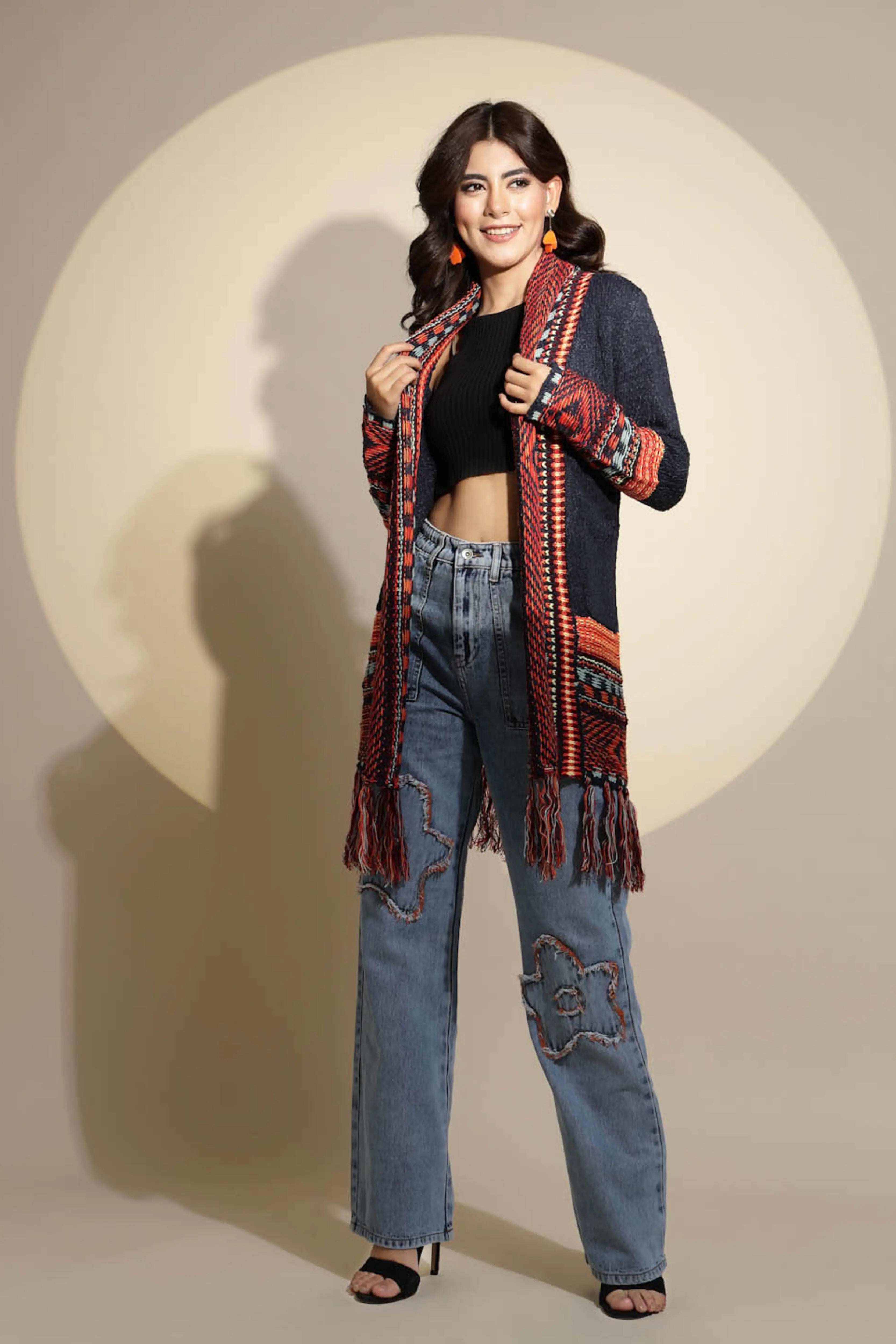 Blue Geometric Print Full Sleeve Collared Neck Knitted Shrug - Global Republic