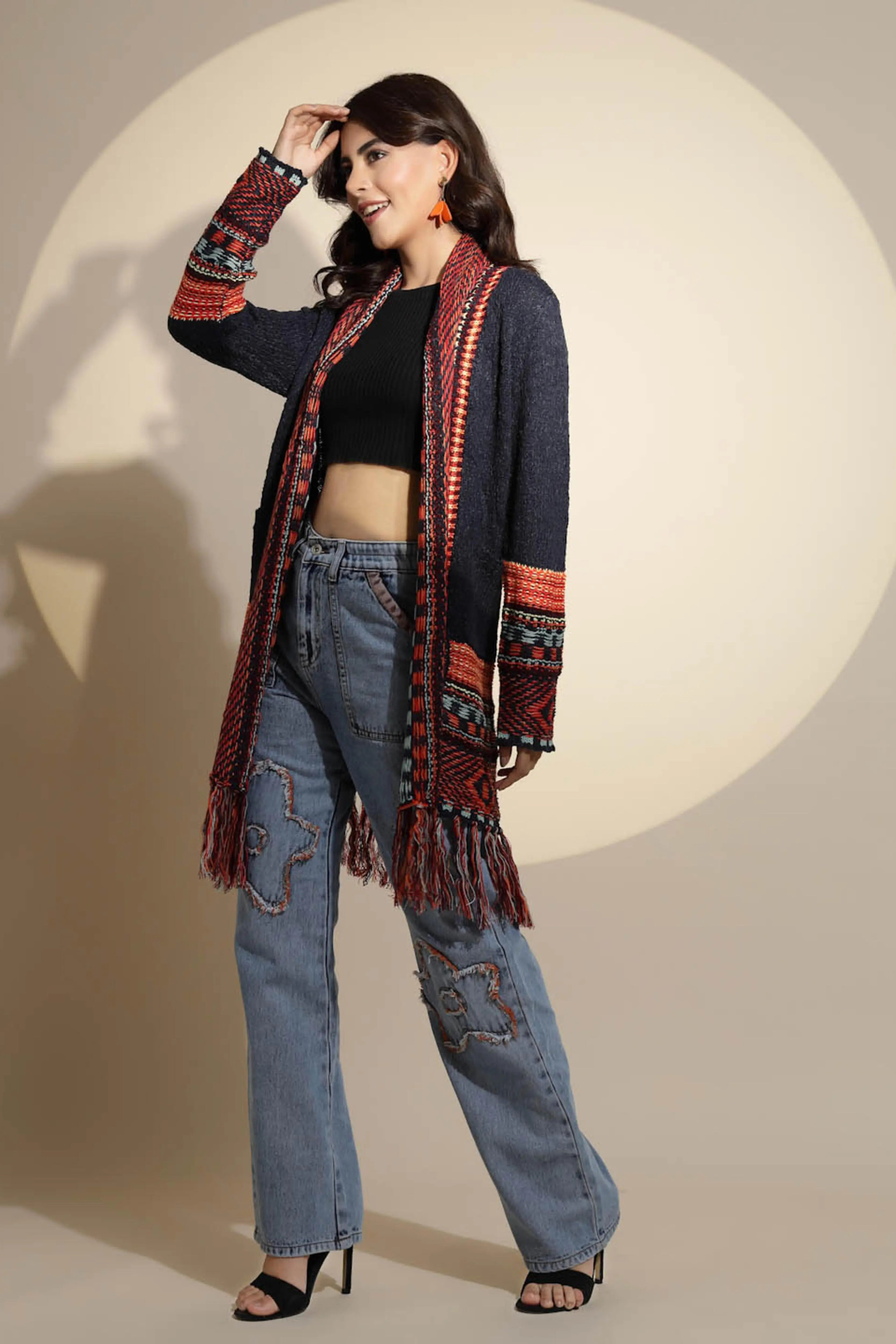 Blue Geometric Print Full Sleeve Collared Neck Knitted Shrug - Global Republic