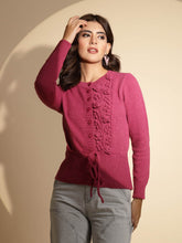 Women's Solid Round Neck Pink Cardigan