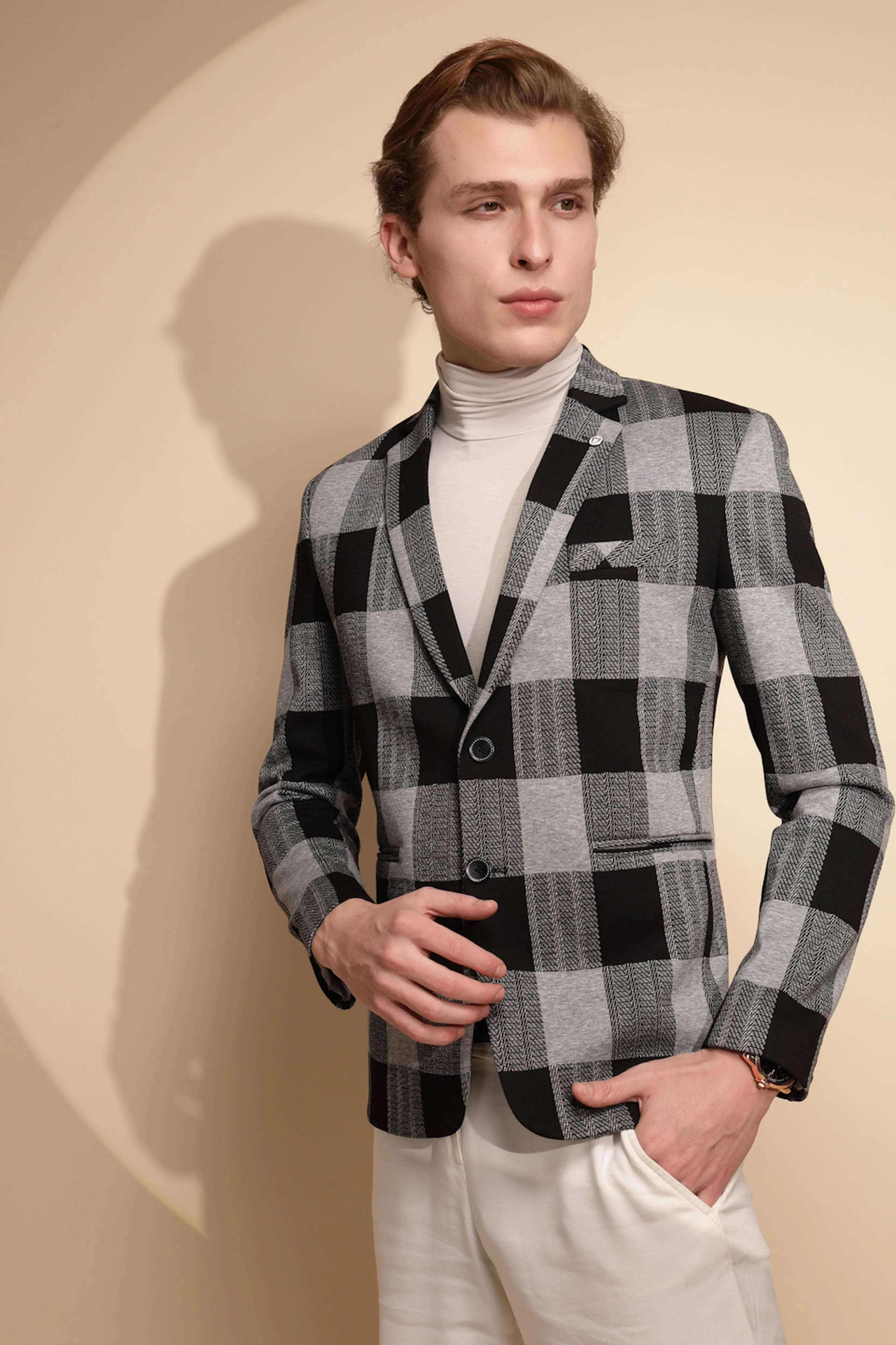 Men Black Color Block Full Sleeve Collar Neck cotton Blazer - Global Republic