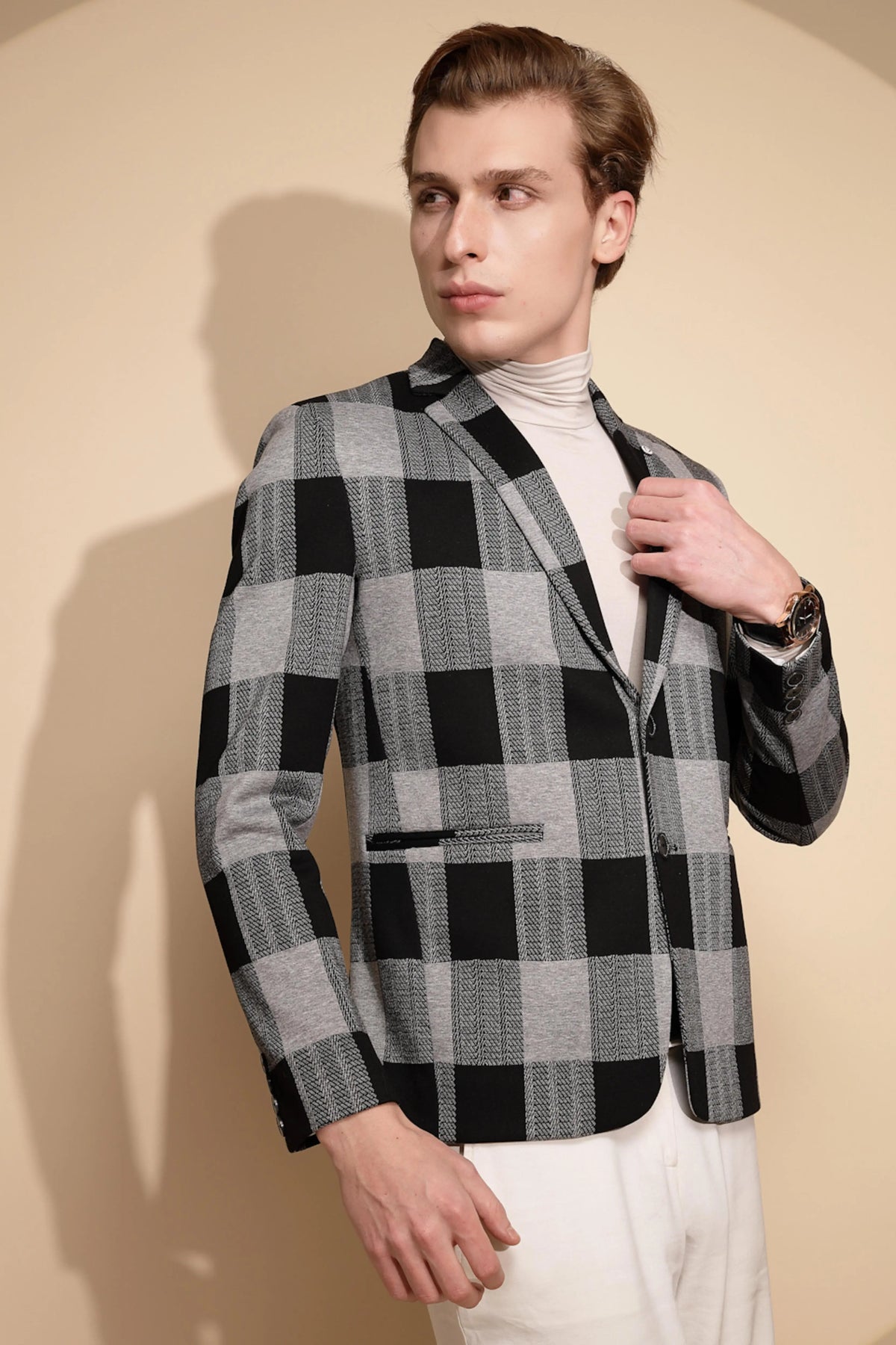 Men Black Color Block Full Sleeve Collar Neck cotton Blazer - Global Republic