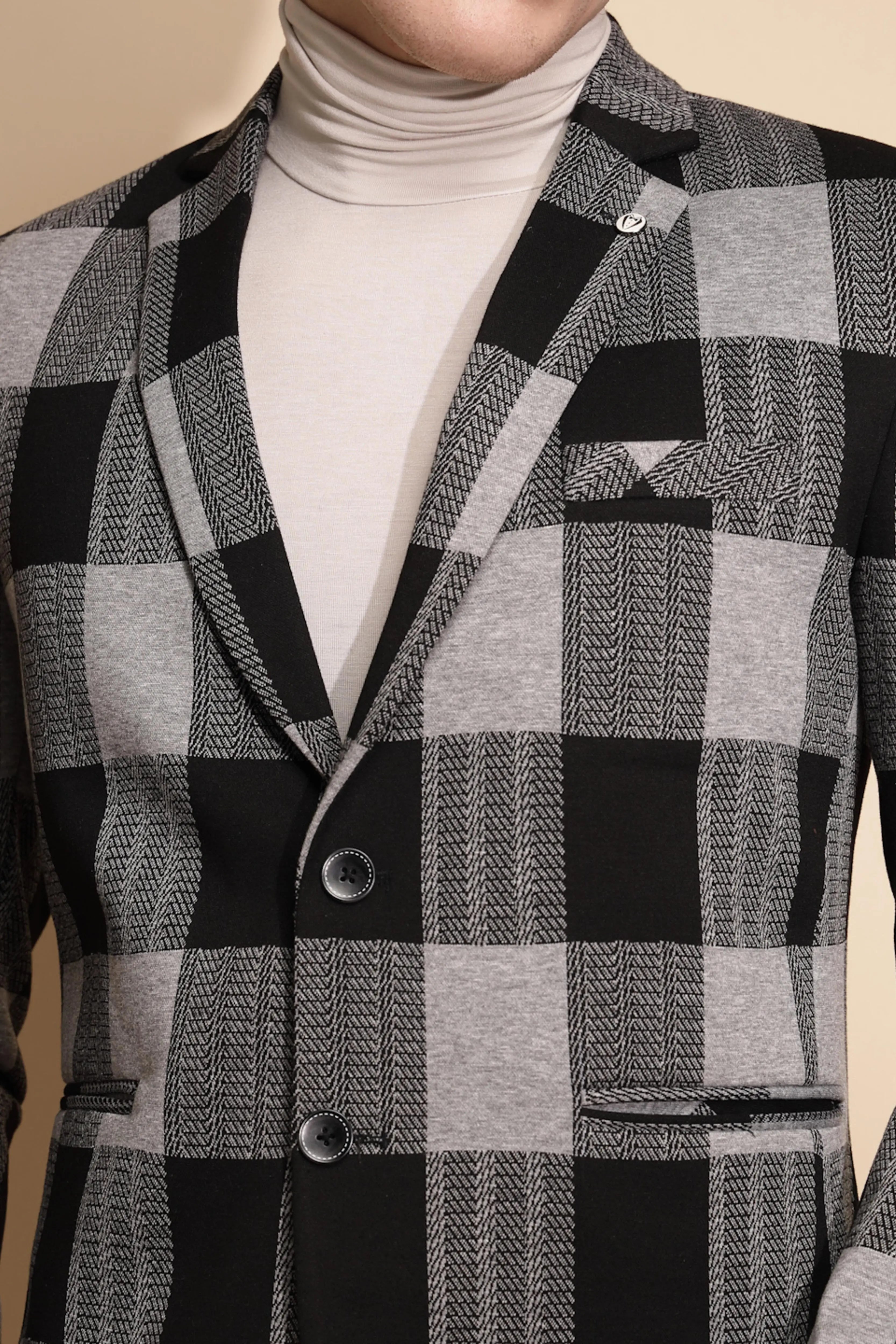 Men Black Color Block Full Sleeve Collar Neck cotton Blazer - Global Republic