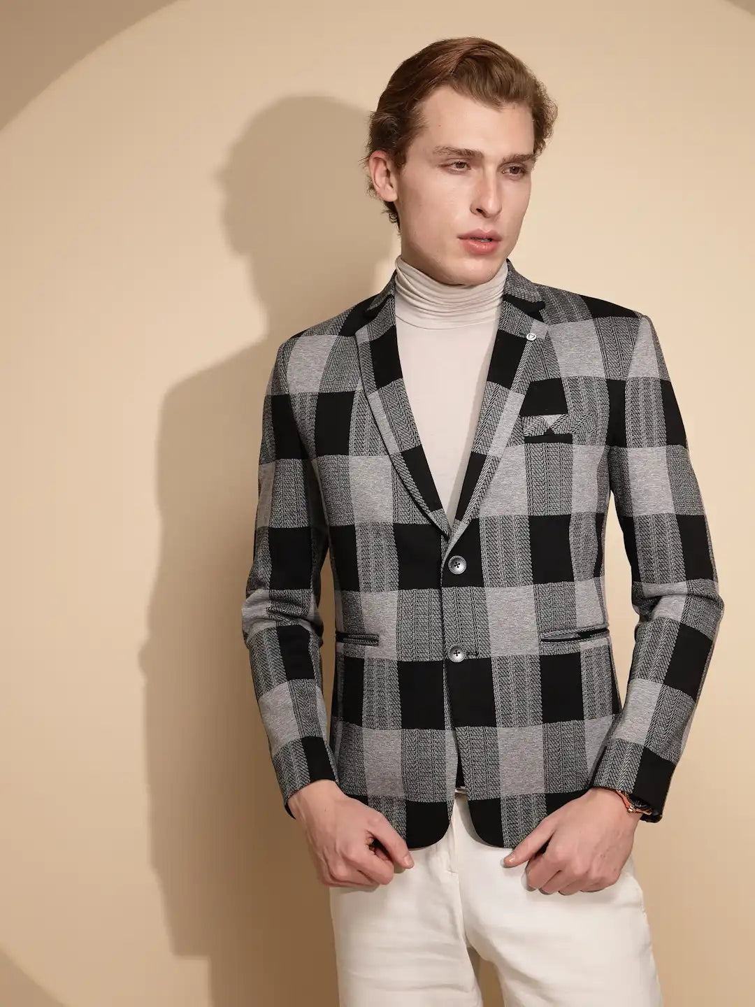 Men Black Color Block Full Sleeve Collar Neck cotton Blazer - Global Republic