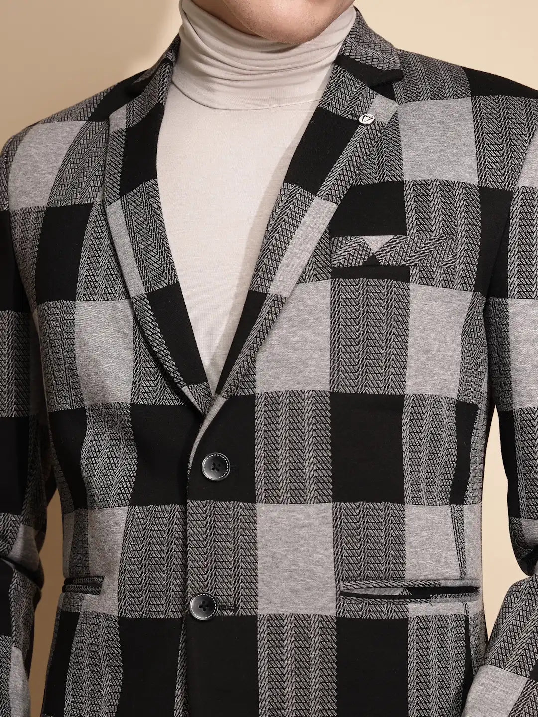 Men Black Color Block Full Sleeve Collar Neck cotton Blazer - Global Republic