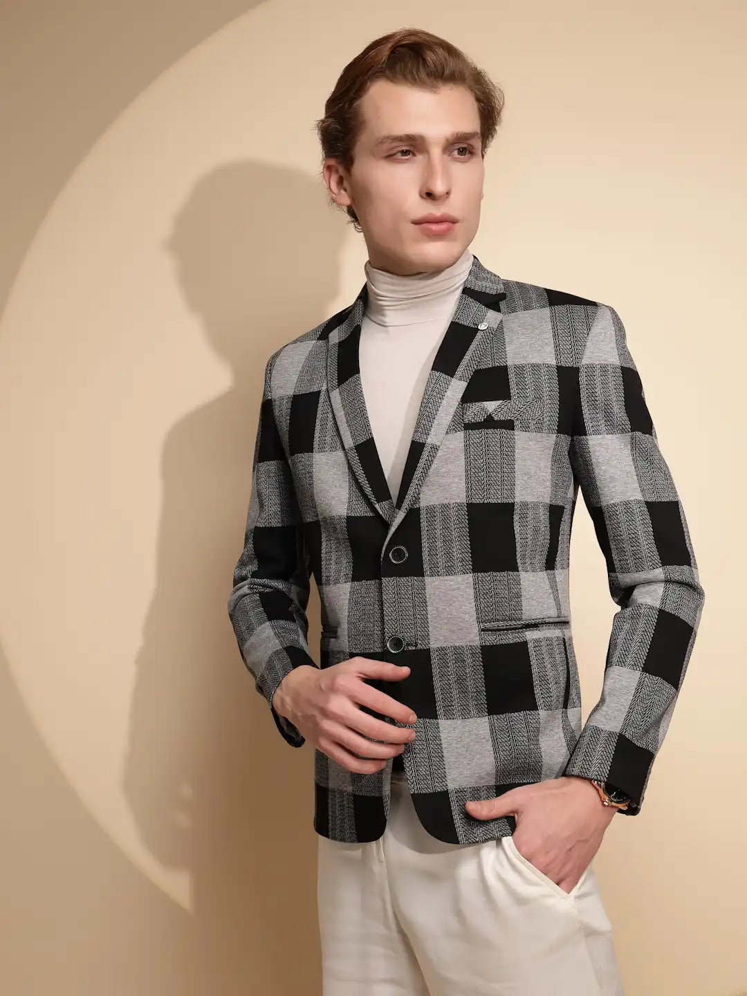 Men Black Color Block Full Sleeve Collar Neck cotton Blazer - Global Republic