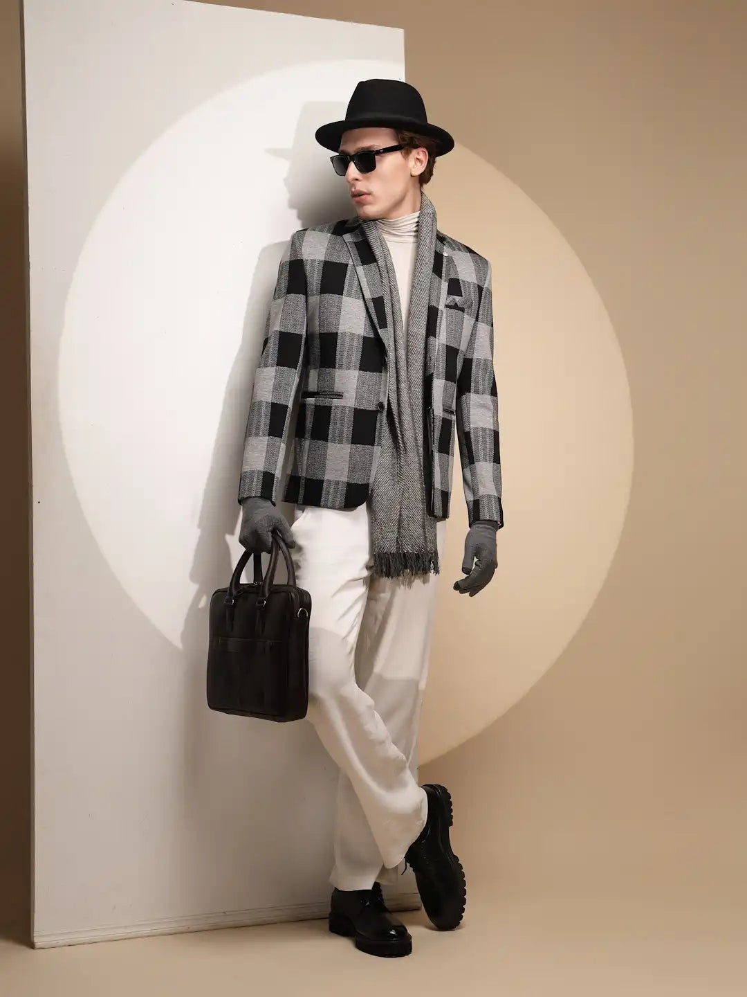 Men Black Color Block Full Sleeve Collar Neck cotton Blazer - Global Republic