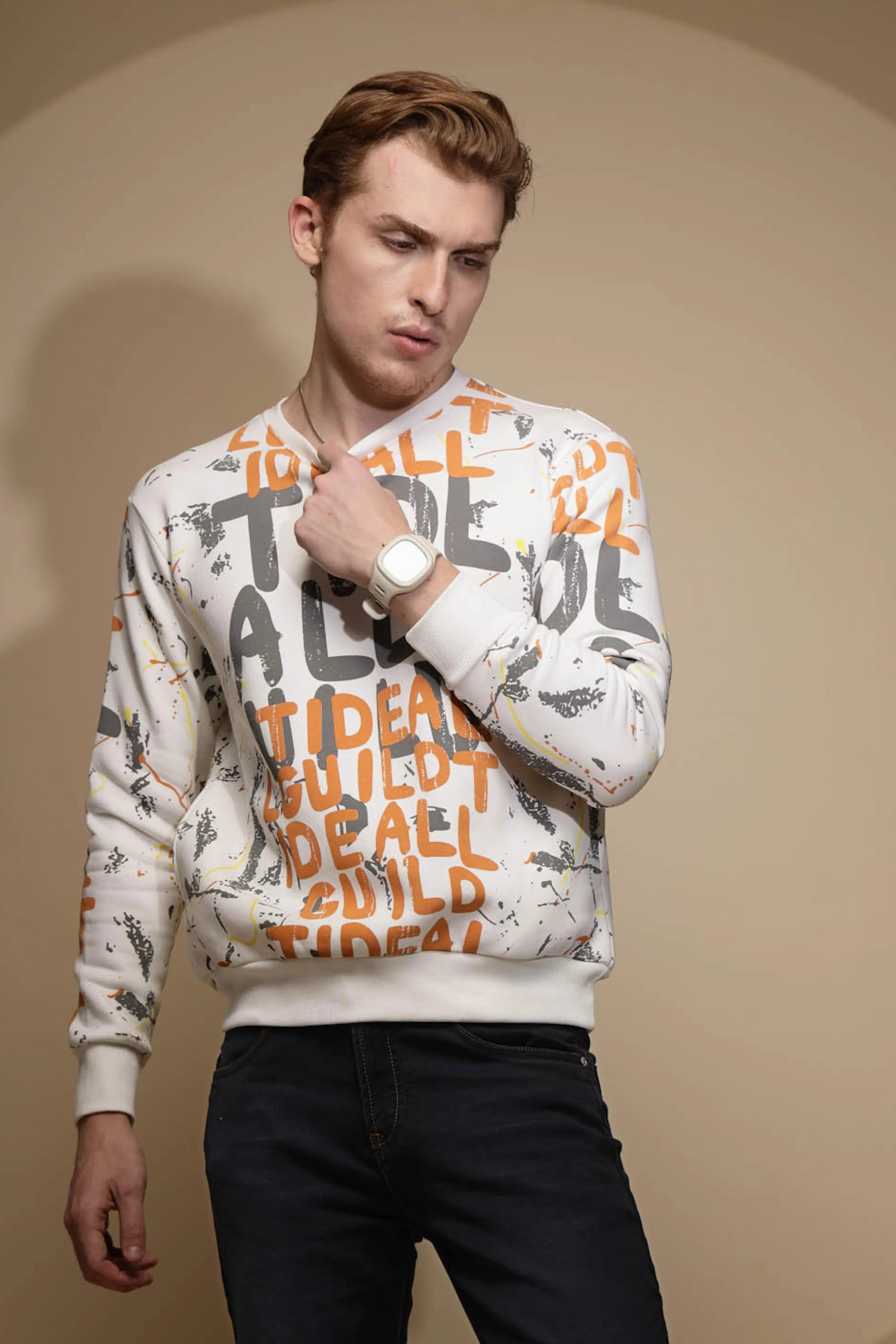 Off White Abstract Print Full Sleeve Round Neck Fleece Sweatshirt - Global Republic