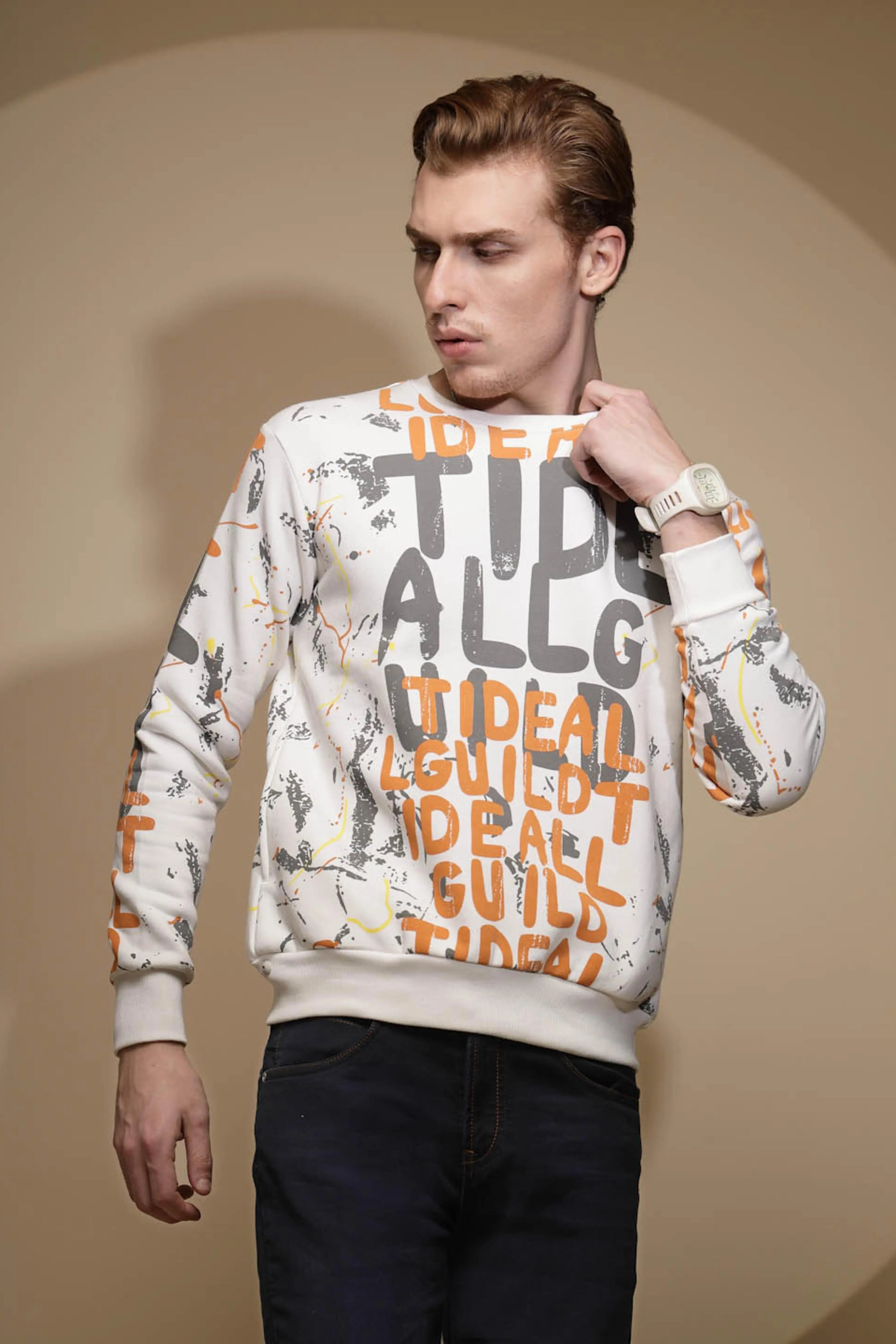 Off White Abstract Print Full Sleeve Round Neck Fleece Sweatshirt - Global Republic