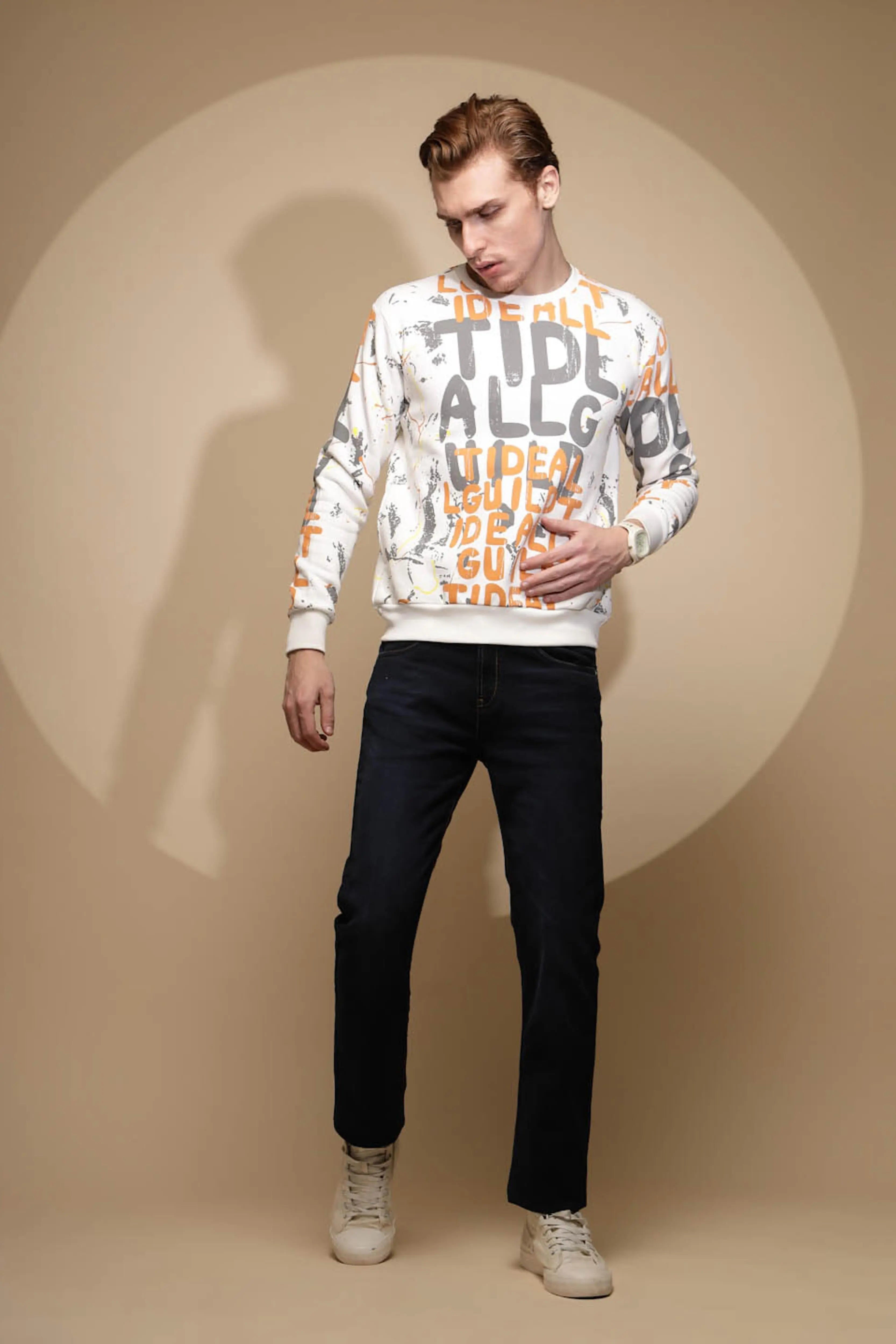 Off White Abstract Print Full Sleeve Round Neck Fleece Sweatshirt - Global Republic