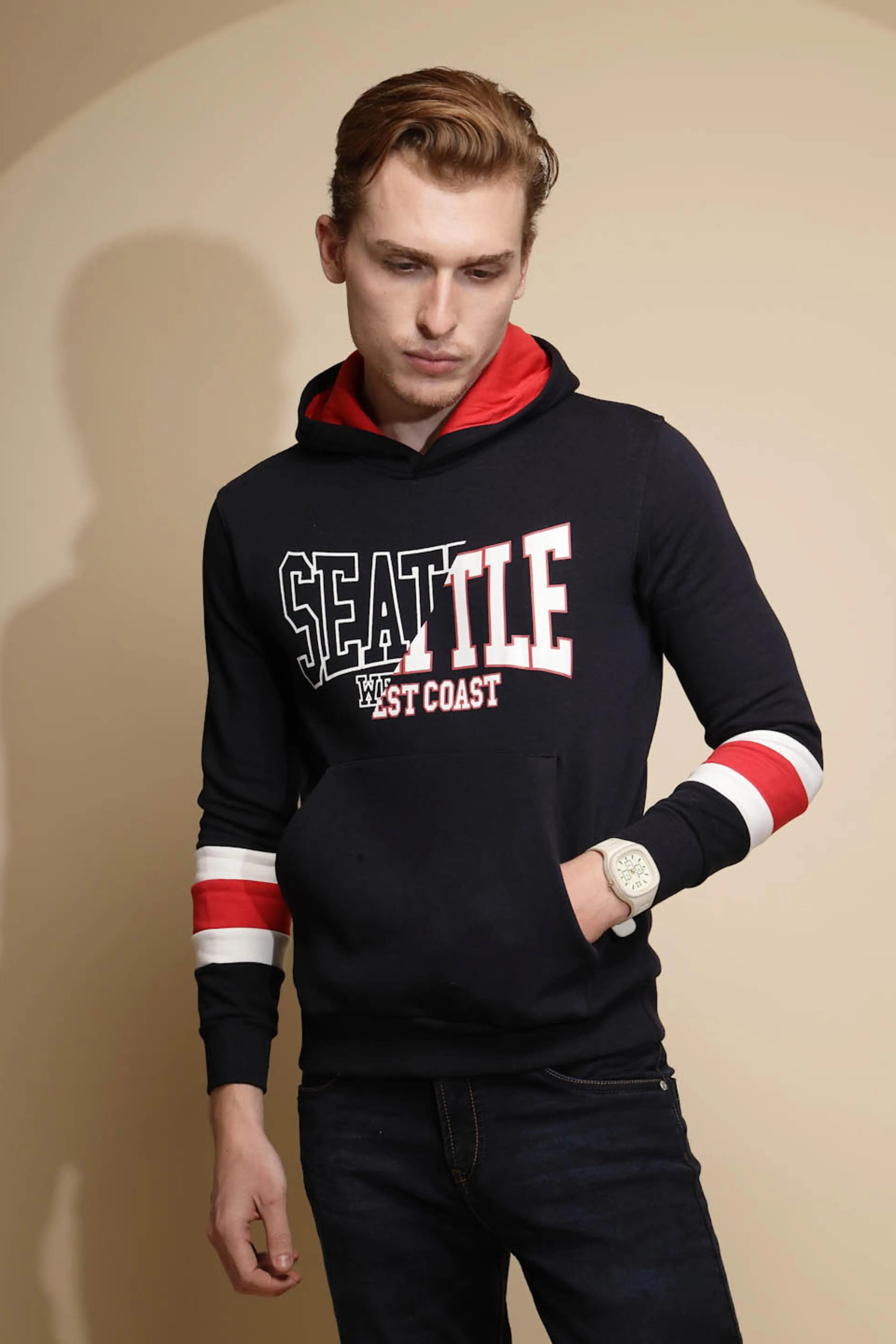 Navy Blue Solid Full Sleeve Fleece Hooded Sweatshirt - Global Republic