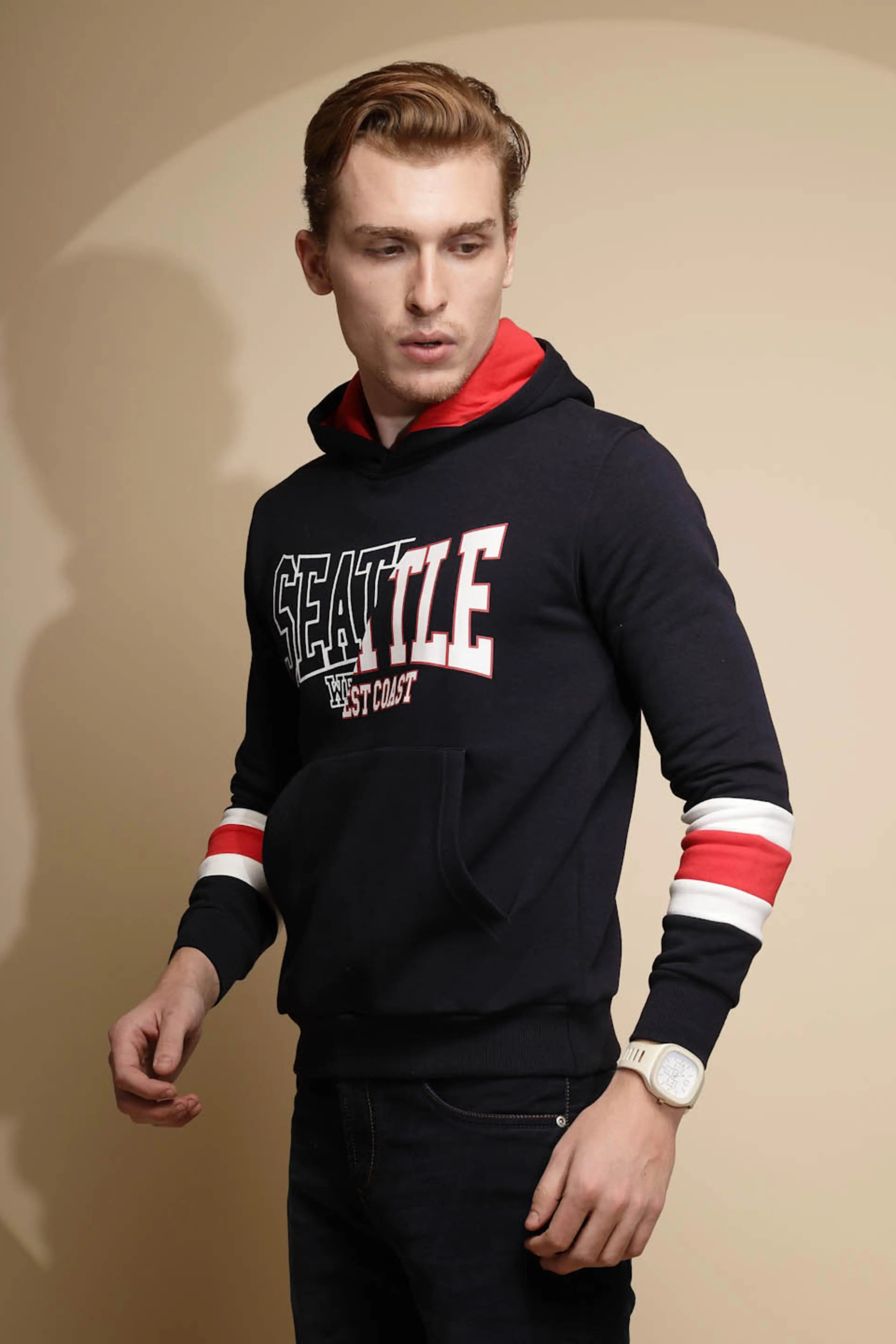 Navy Blue Solid Full Sleeve Fleece Hooded Sweatshirt - Global Republic