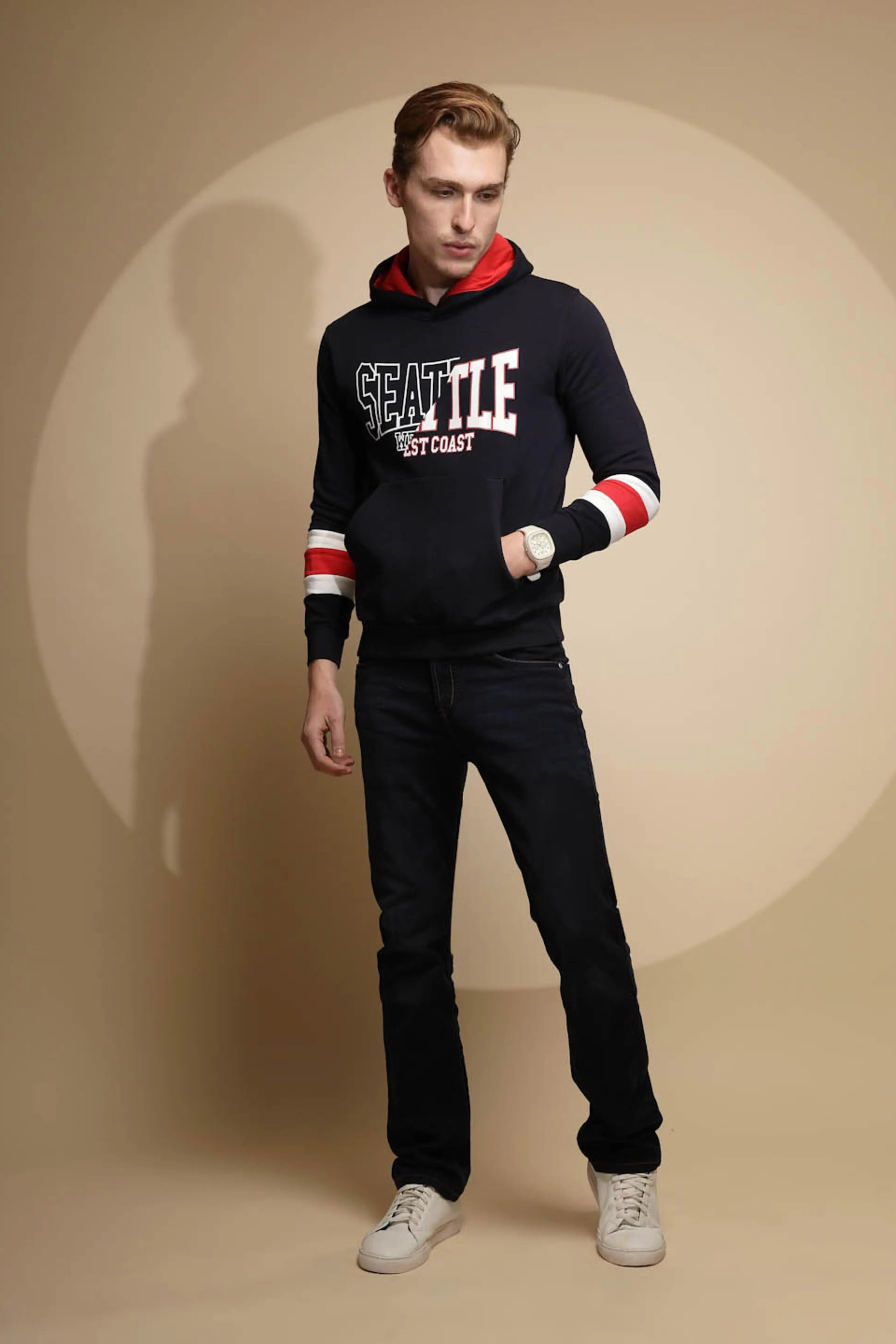 Navy Blue Solid Full Sleeve Fleece Hooded Sweatshirt - Global Republic