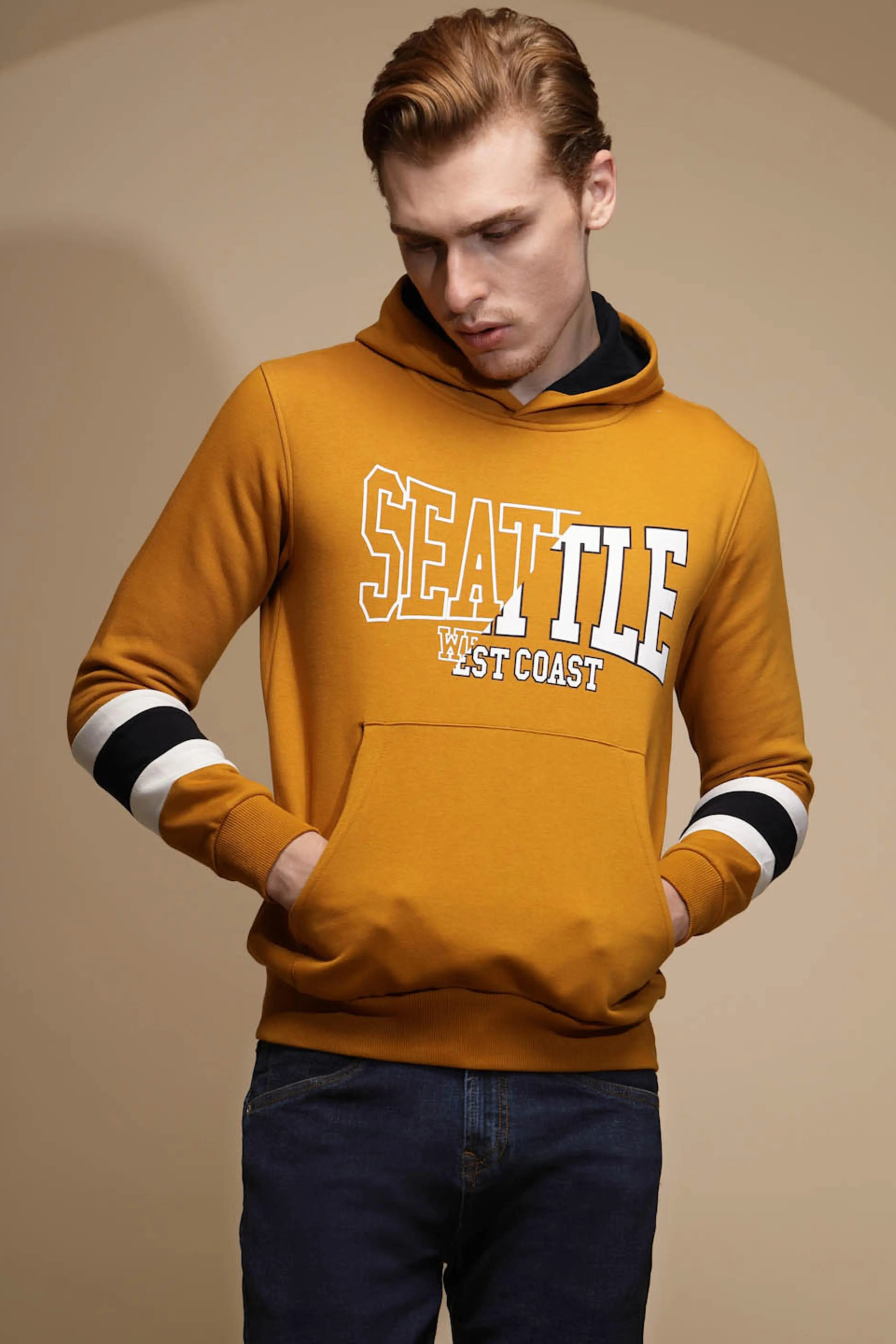 Mustard Solid Hosiery Hooded Sweatshirt - Global Republic