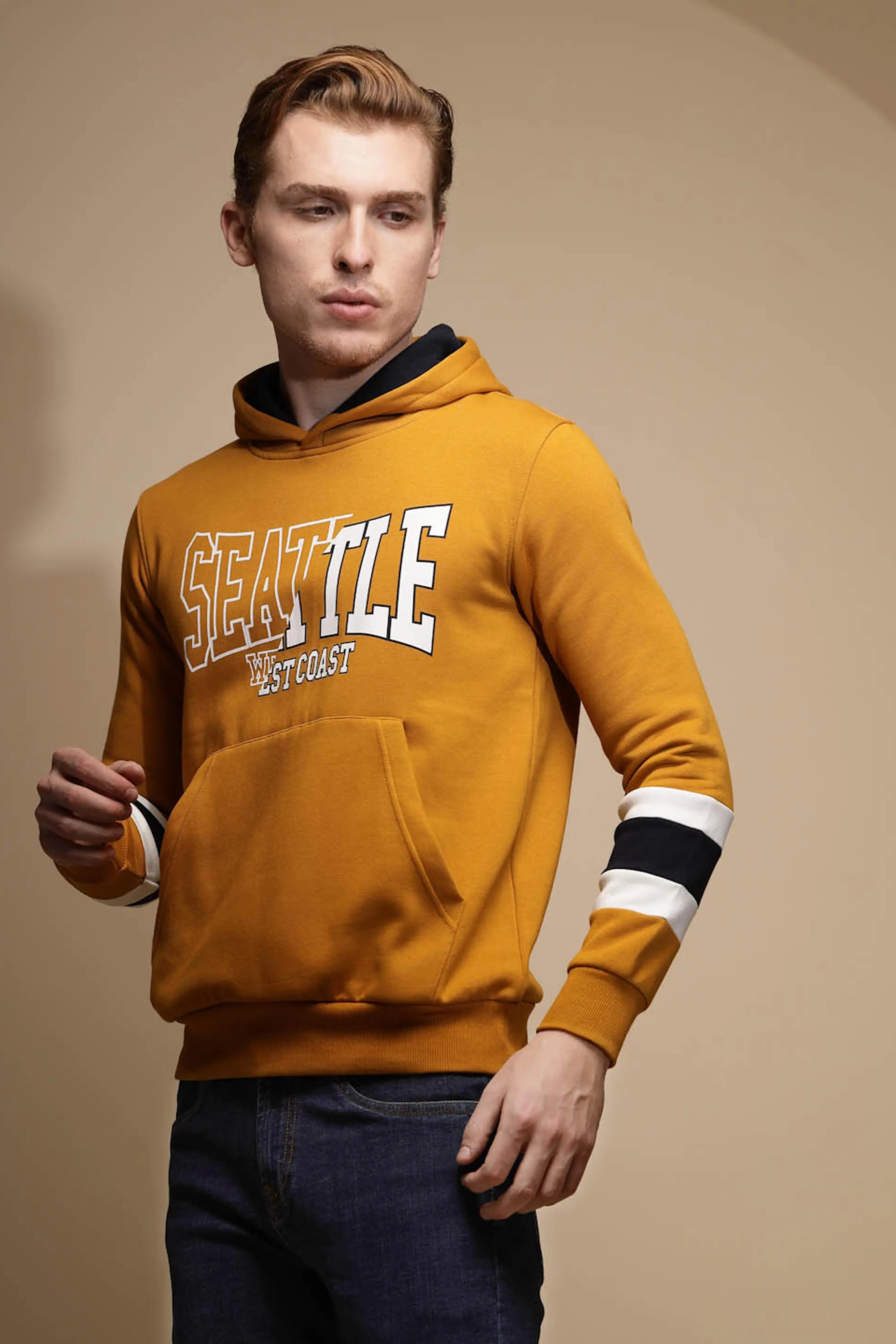 Mustard Solid Hosiery Hooded Sweatshirt - Global Republic