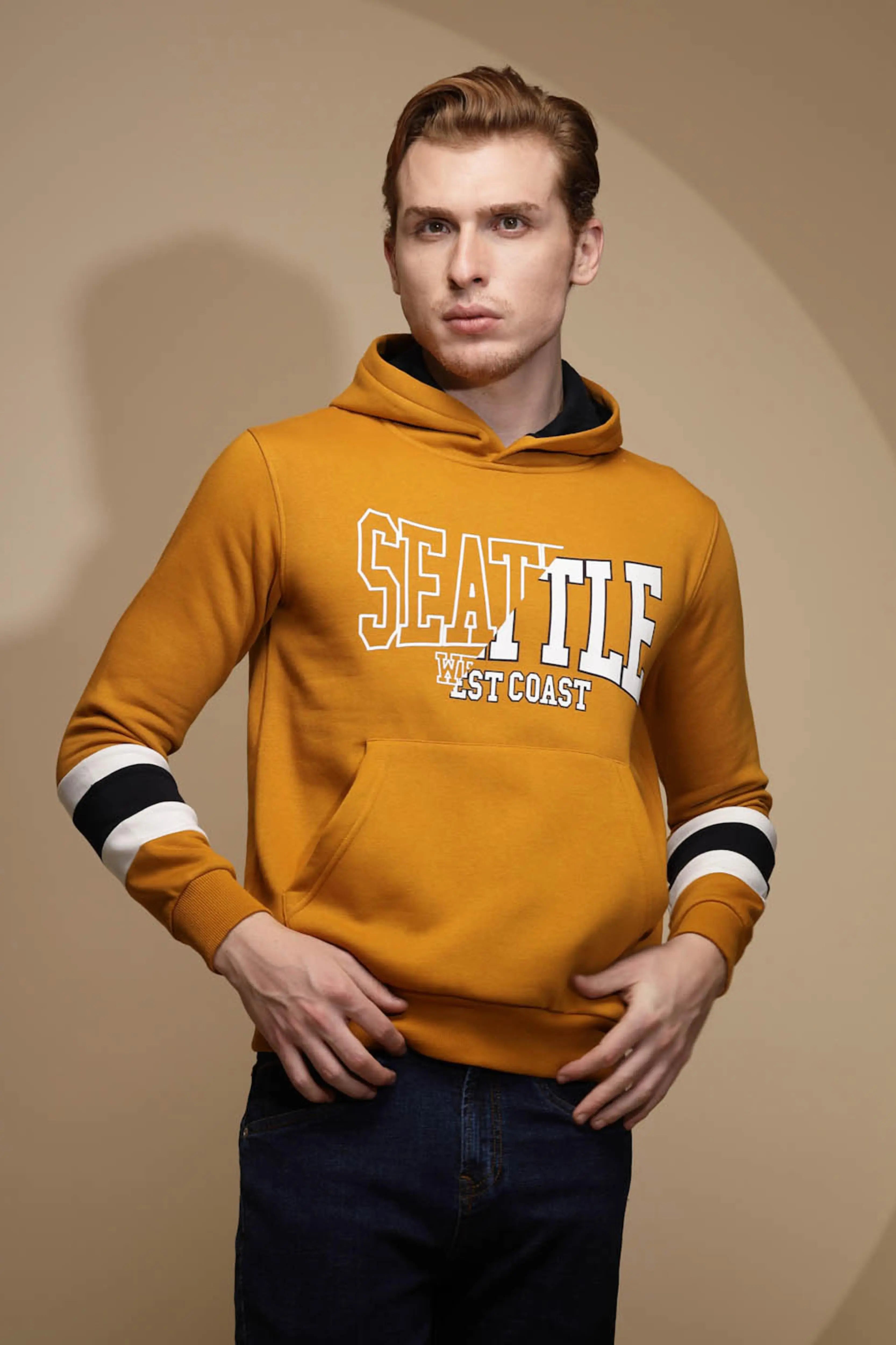 Mustard Solid Hosiery Hooded Sweatshirt - Global Republic