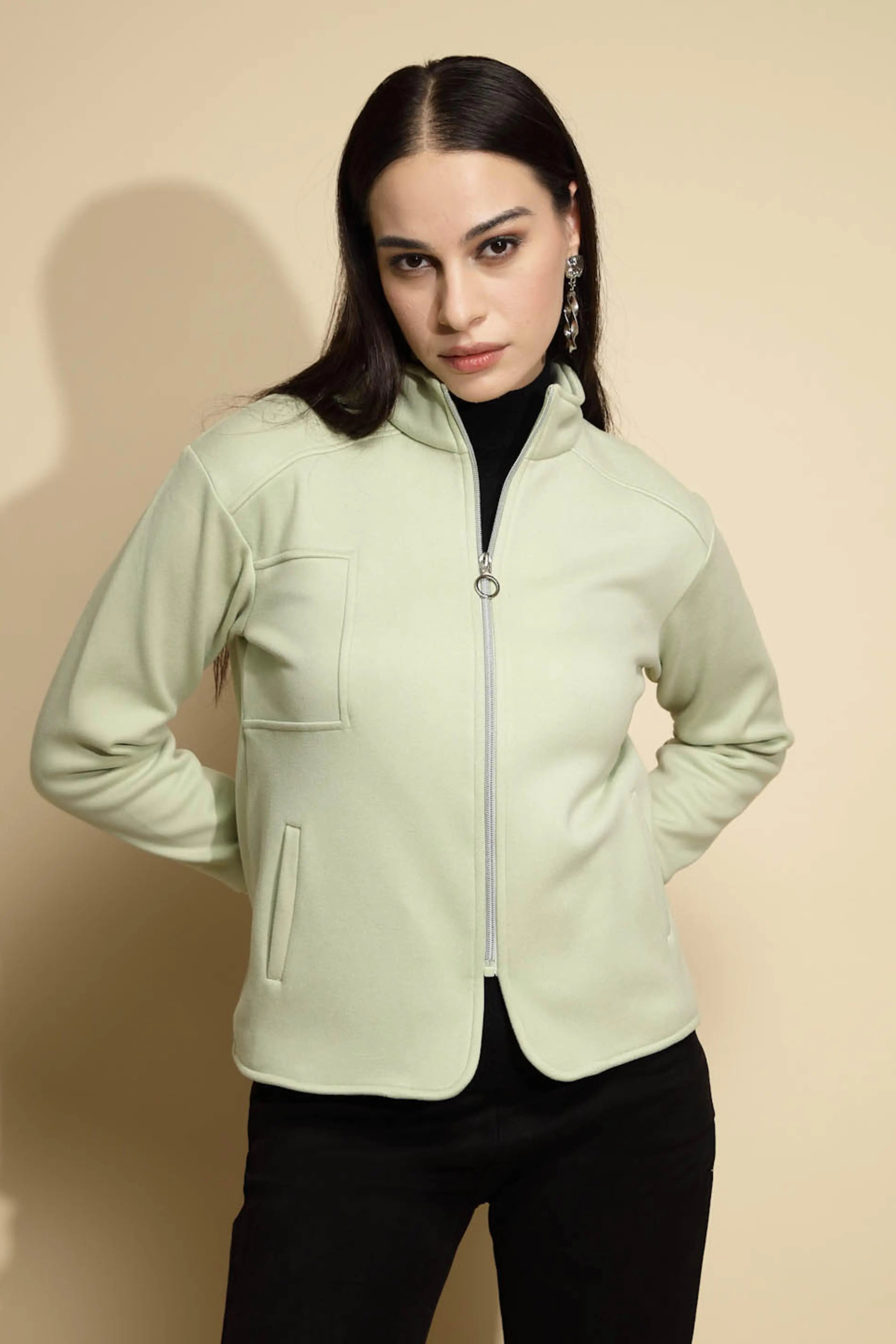 Green Solid Full Sleeve Turtle Neck Fleece Sweatshirt - Global Republic