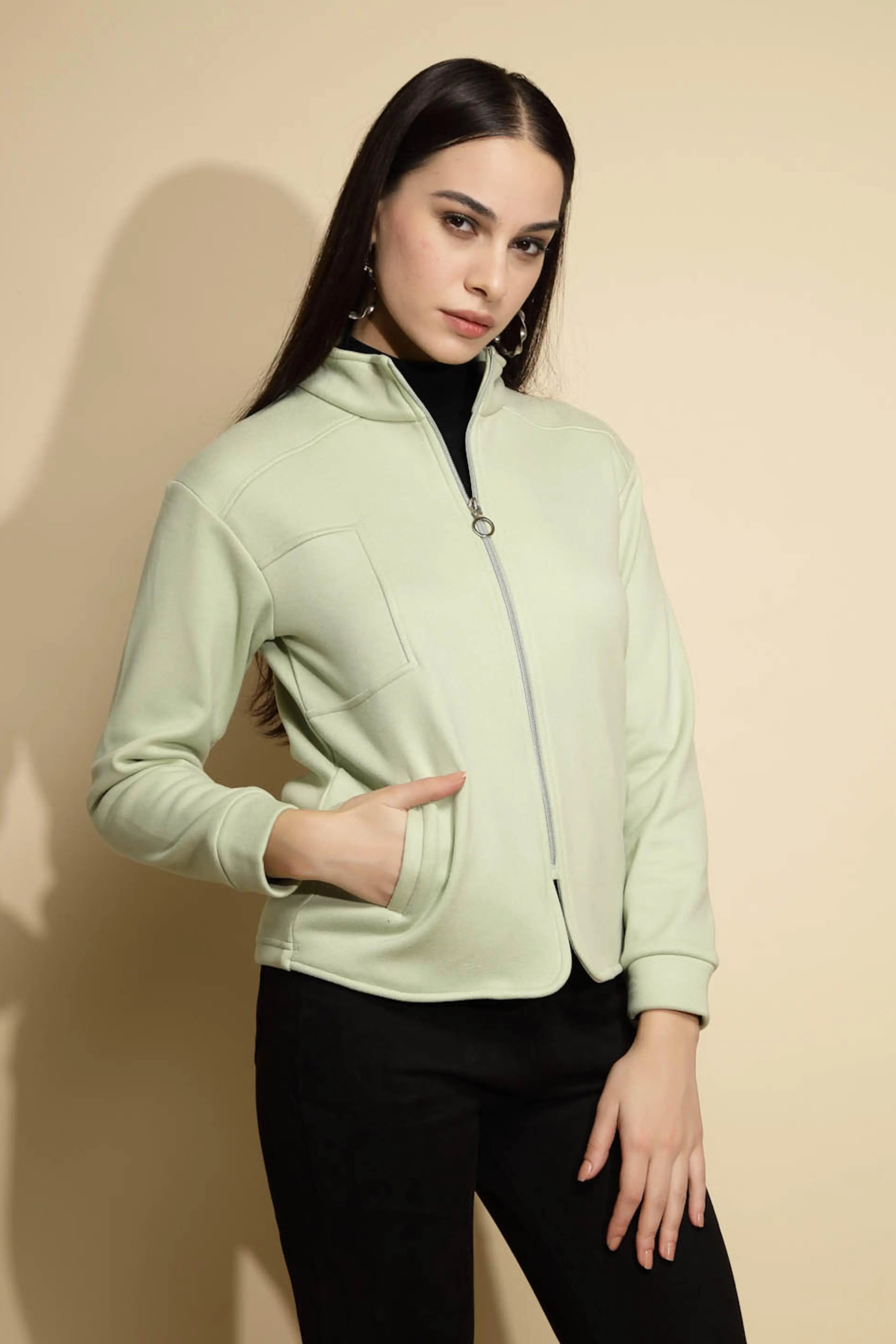 Green Solid Full Sleeve Turtle Neck Fleece Sweatshirt - Global Republic
