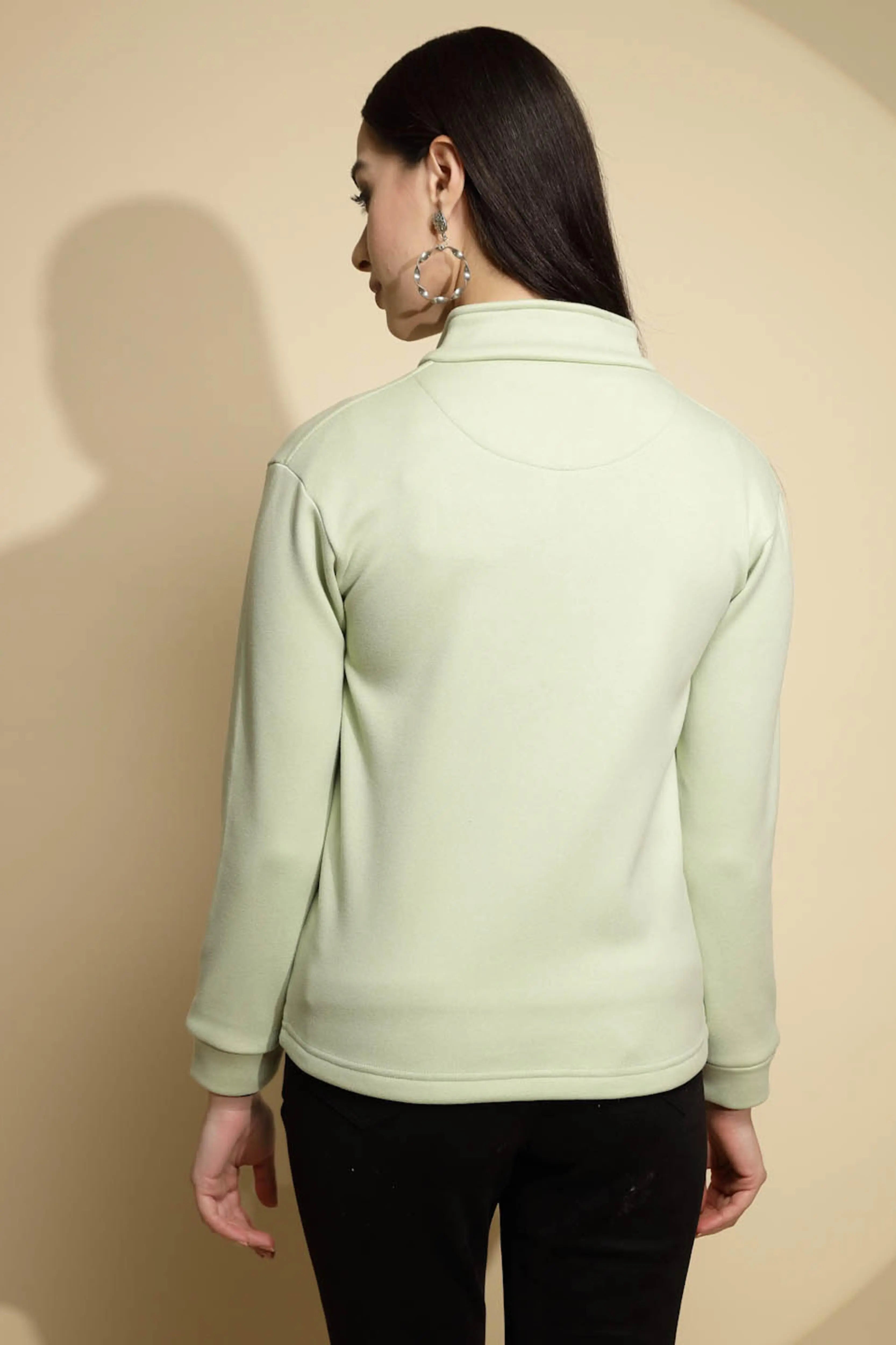 Green Solid Full Sleeve Turtle Neck Fleece Sweatshirt - Global Republic