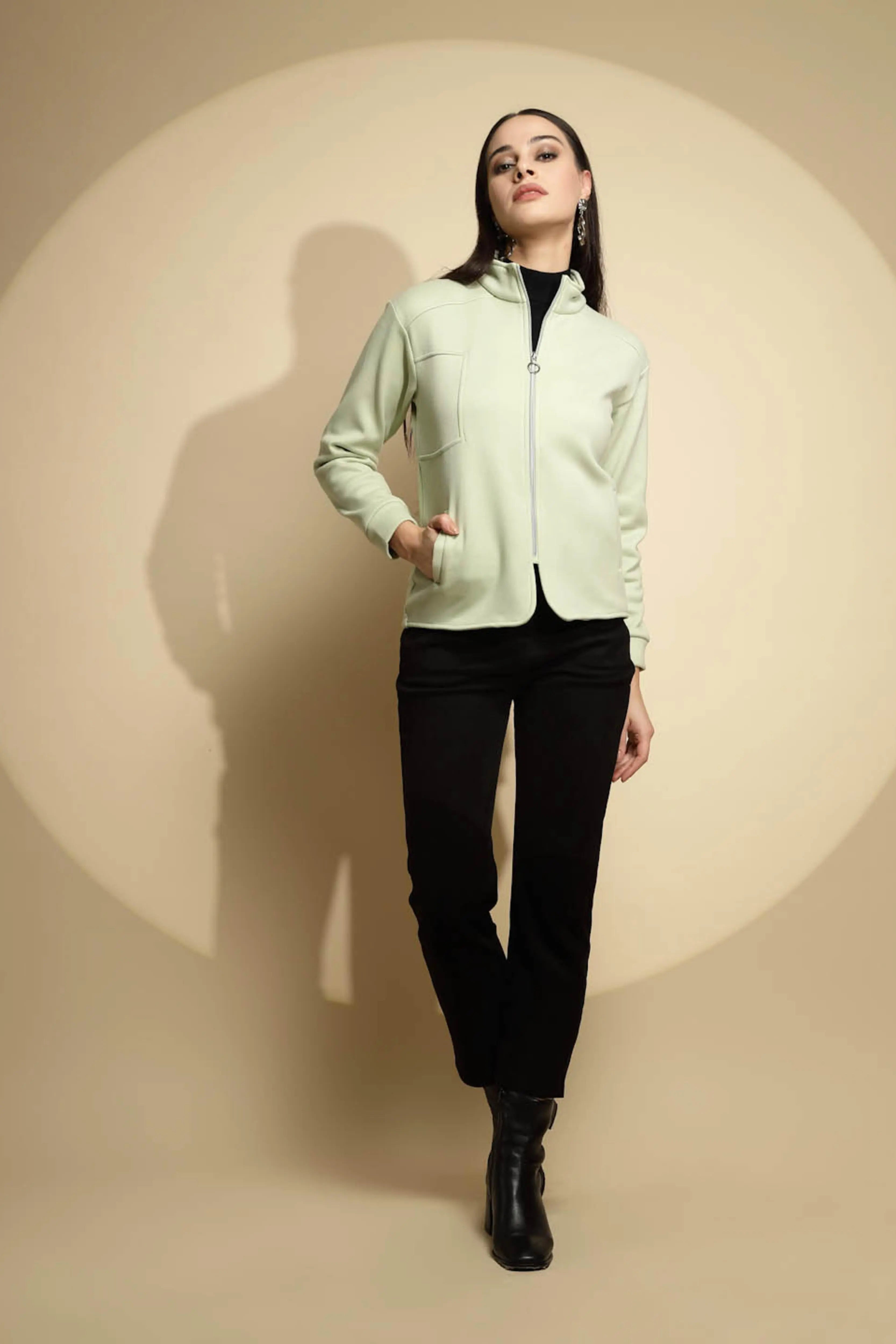 Green Solid Full Sleeve Turtle Neck Fleece Sweatshirt - Global Republic