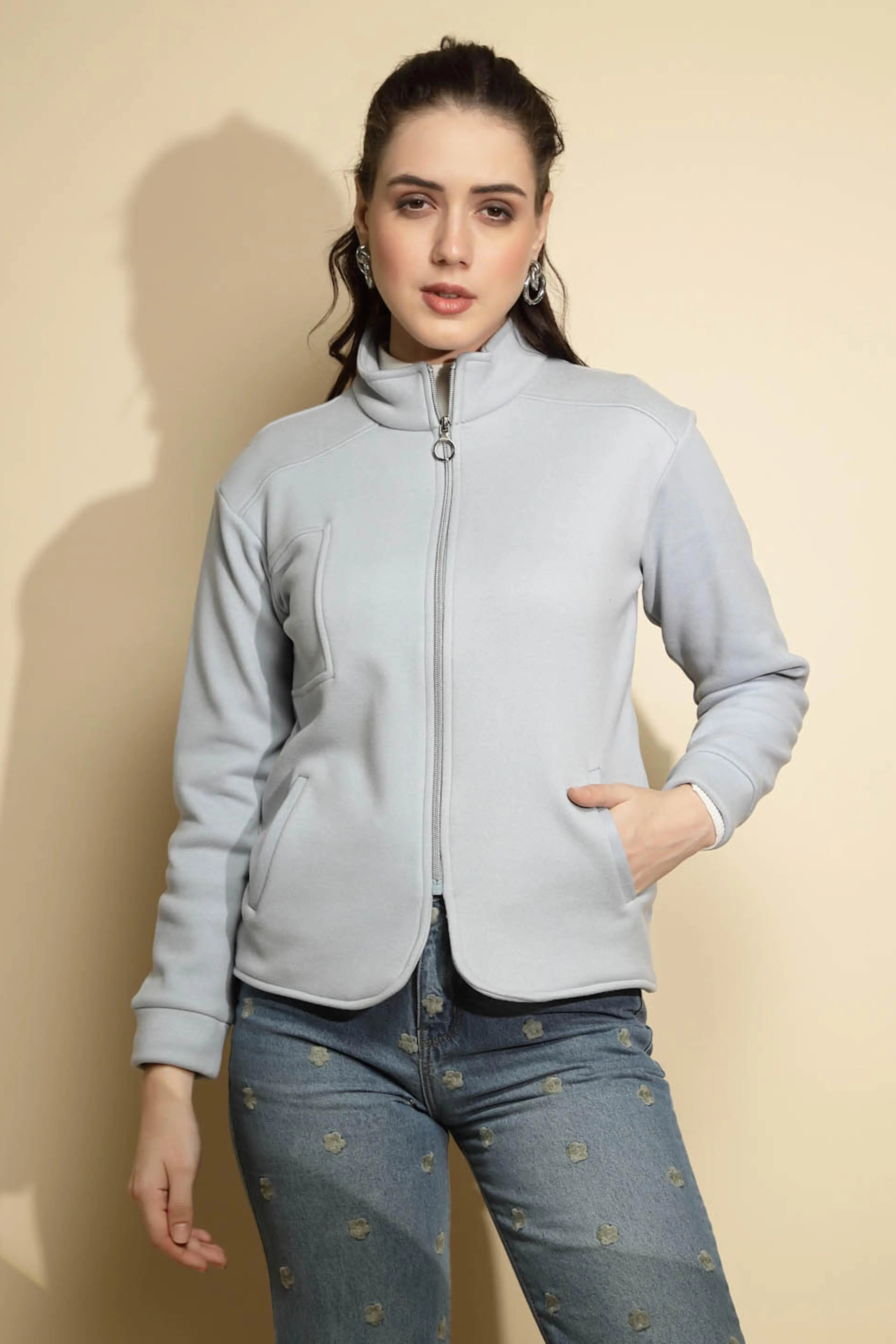 Light Blue Solid Full Sleeve Turtle Neck Fleece Sweatshirt - Global Republic