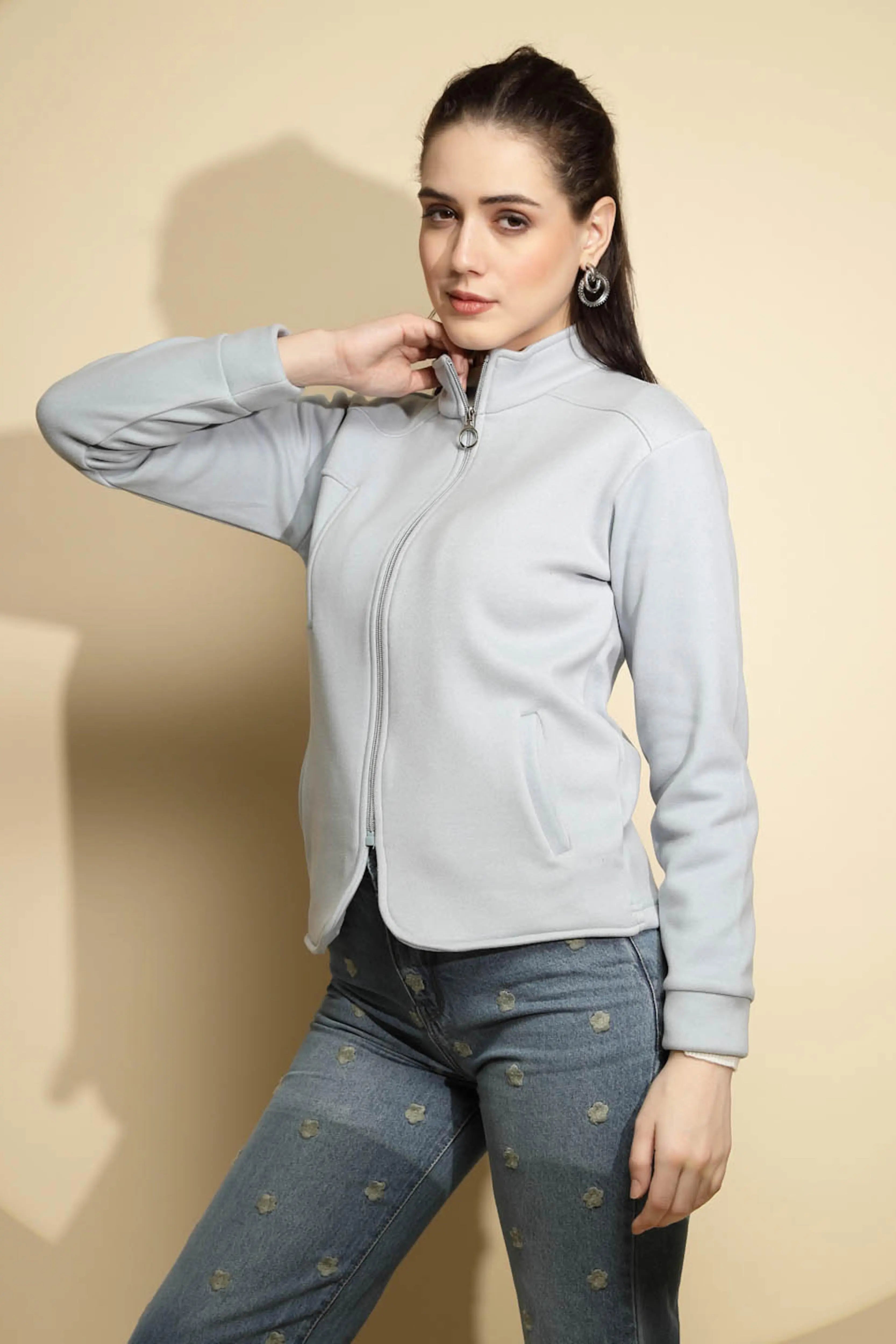 Light Blue Solid Full Sleeve Turtle Neck Fleece Sweatshirt - Global Republic