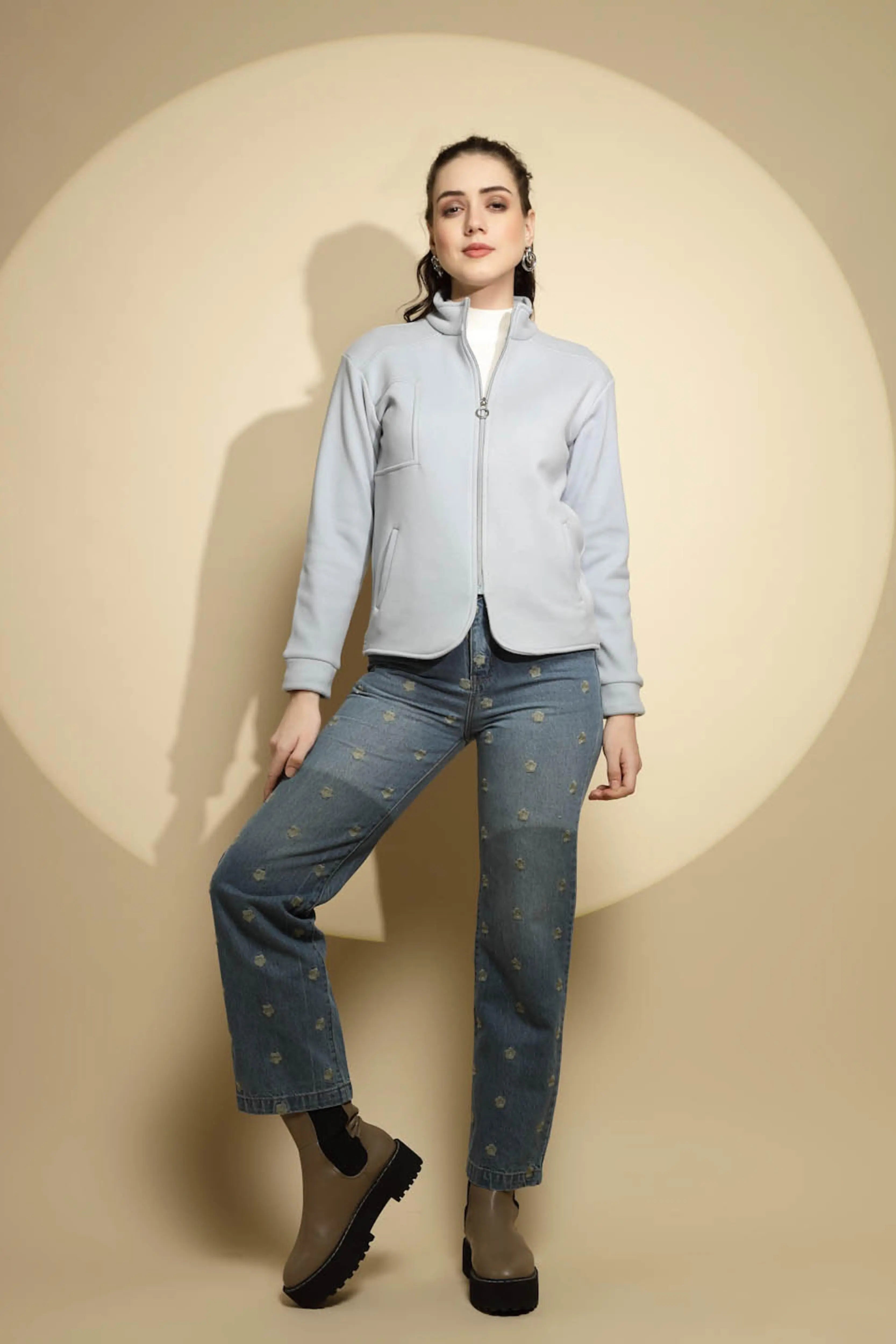 Light Blue Solid Full Sleeve Turtle Neck Fleece Sweatshirt - Global Republic