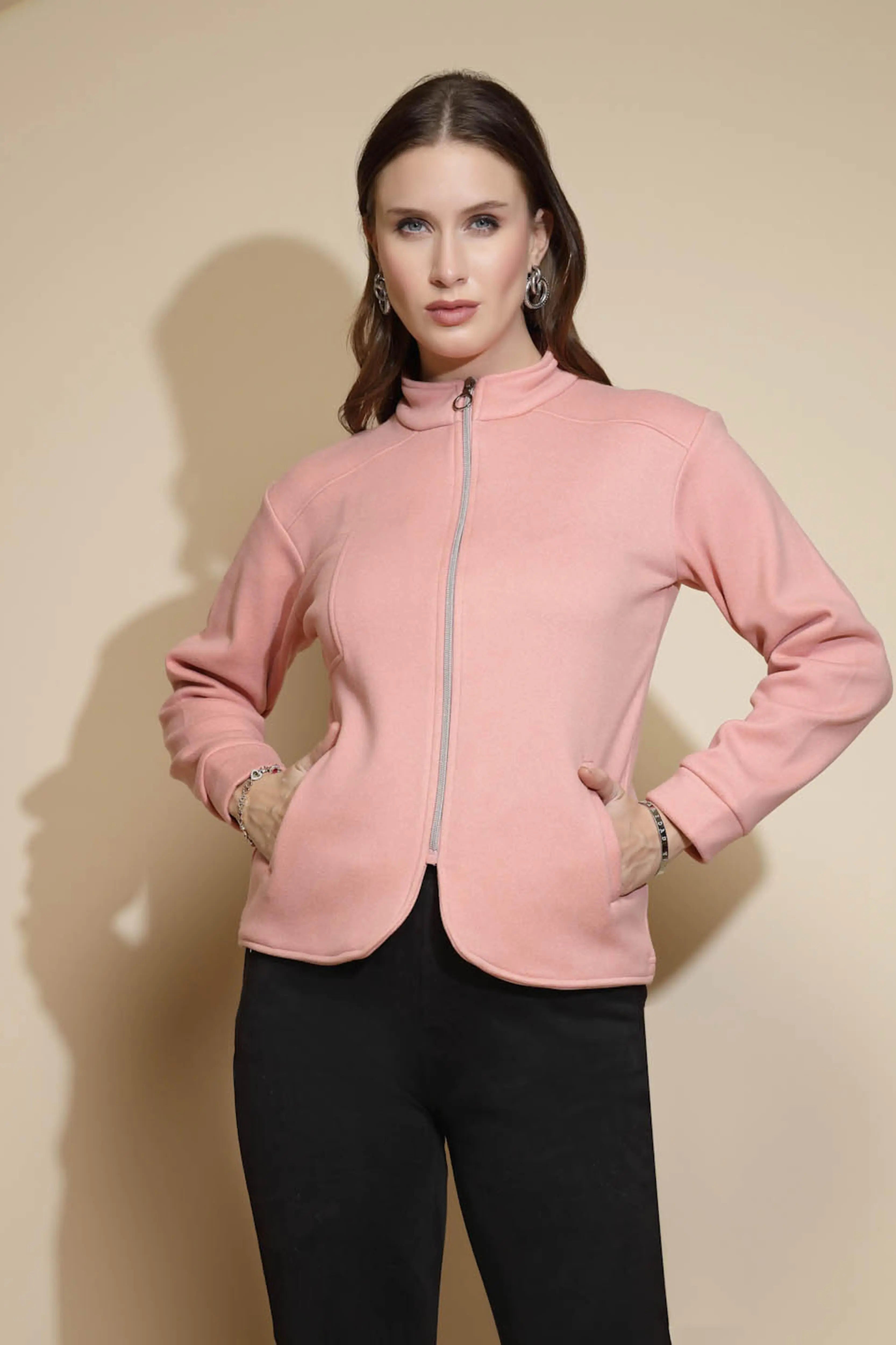 Peach Solid Full Sleeve Turtle Neck Fleece Sweatshirt - Global Republic