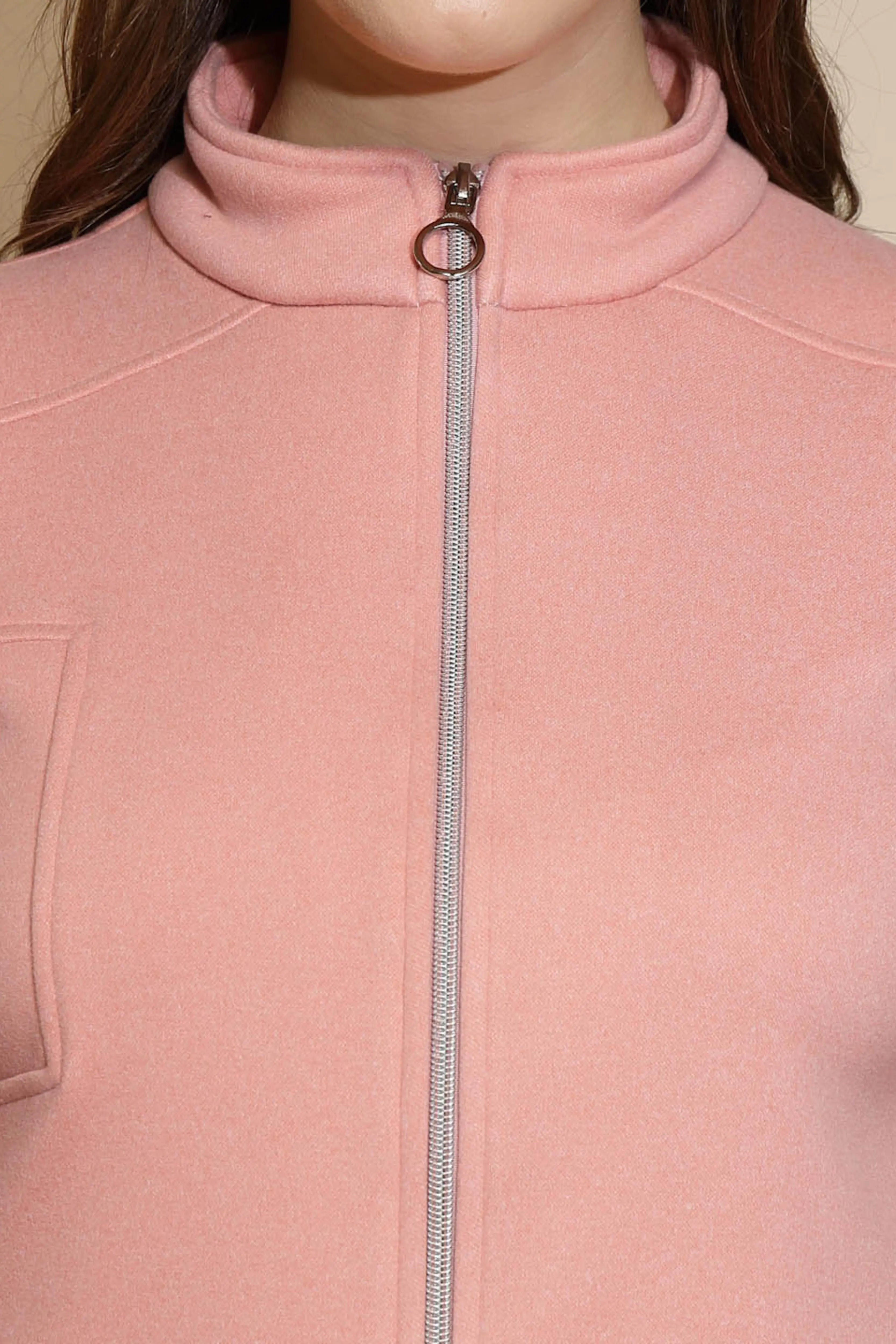 Peach Solid Full Sleeve Turtle Neck Fleece Sweatshirt - Global Republic