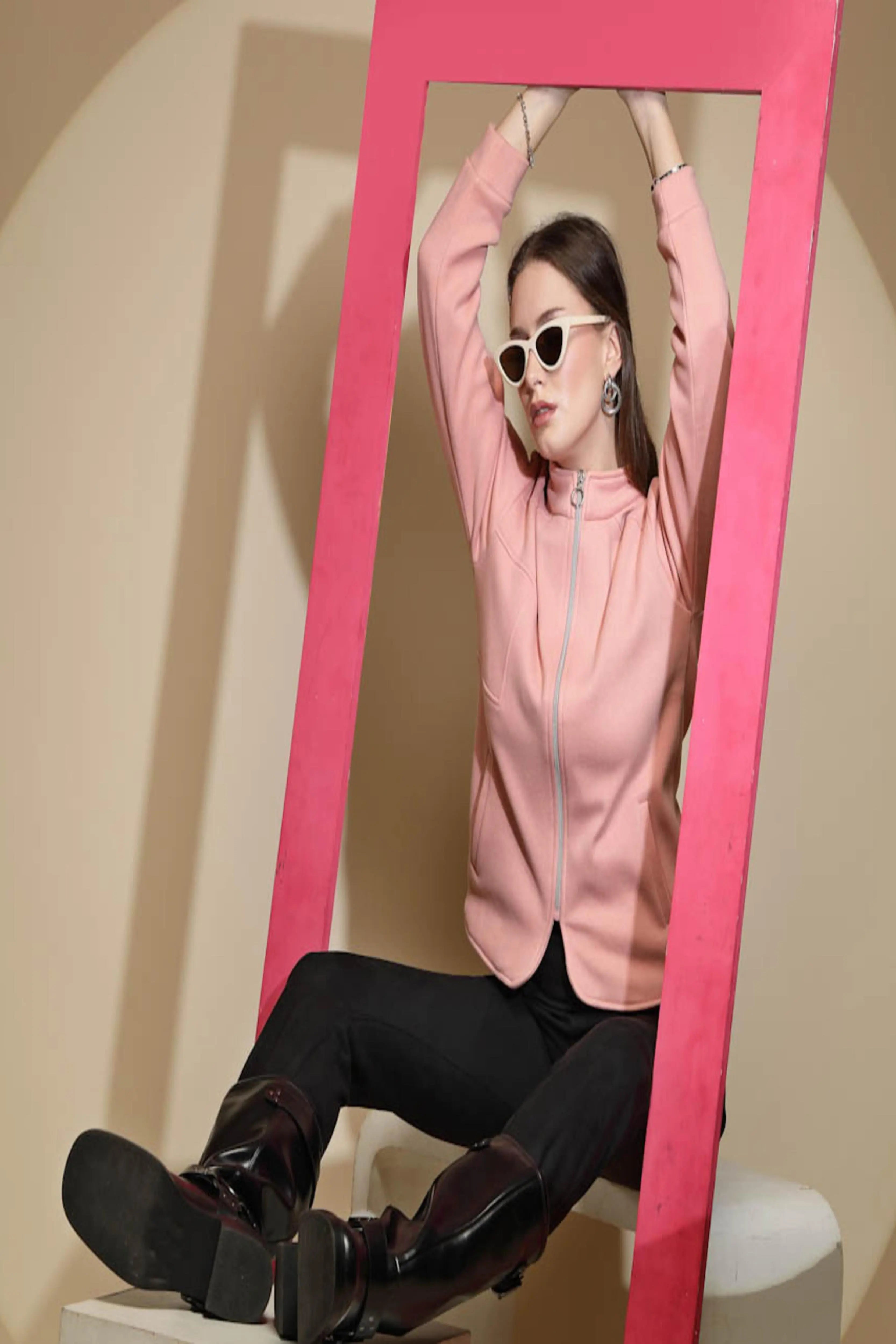 Peach Solid Full Sleeve Turtle Neck Fleece Sweatshirt