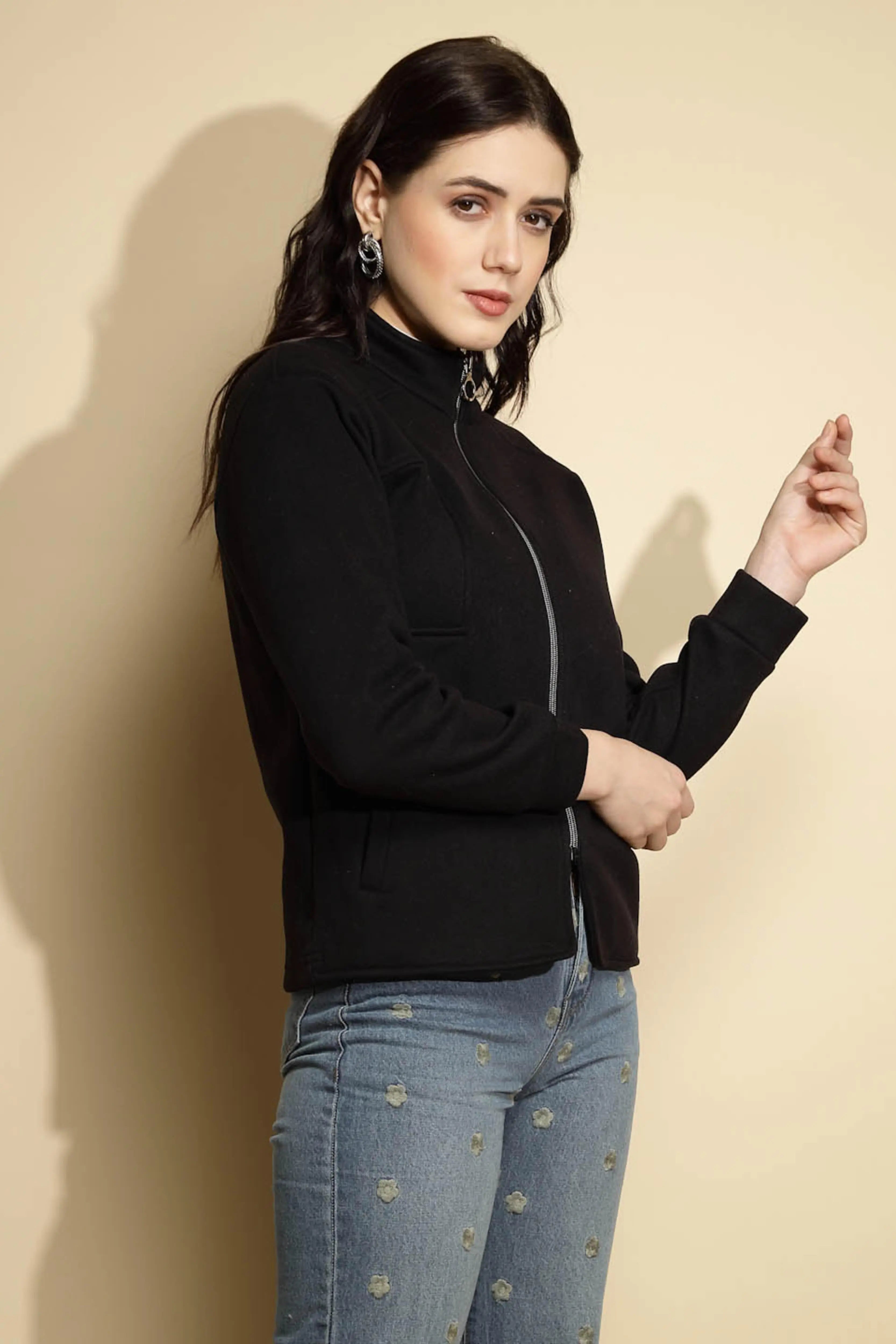 Black Solid Full Sleeve Turtle Neck Fleece Sweatshirt - Global Republic