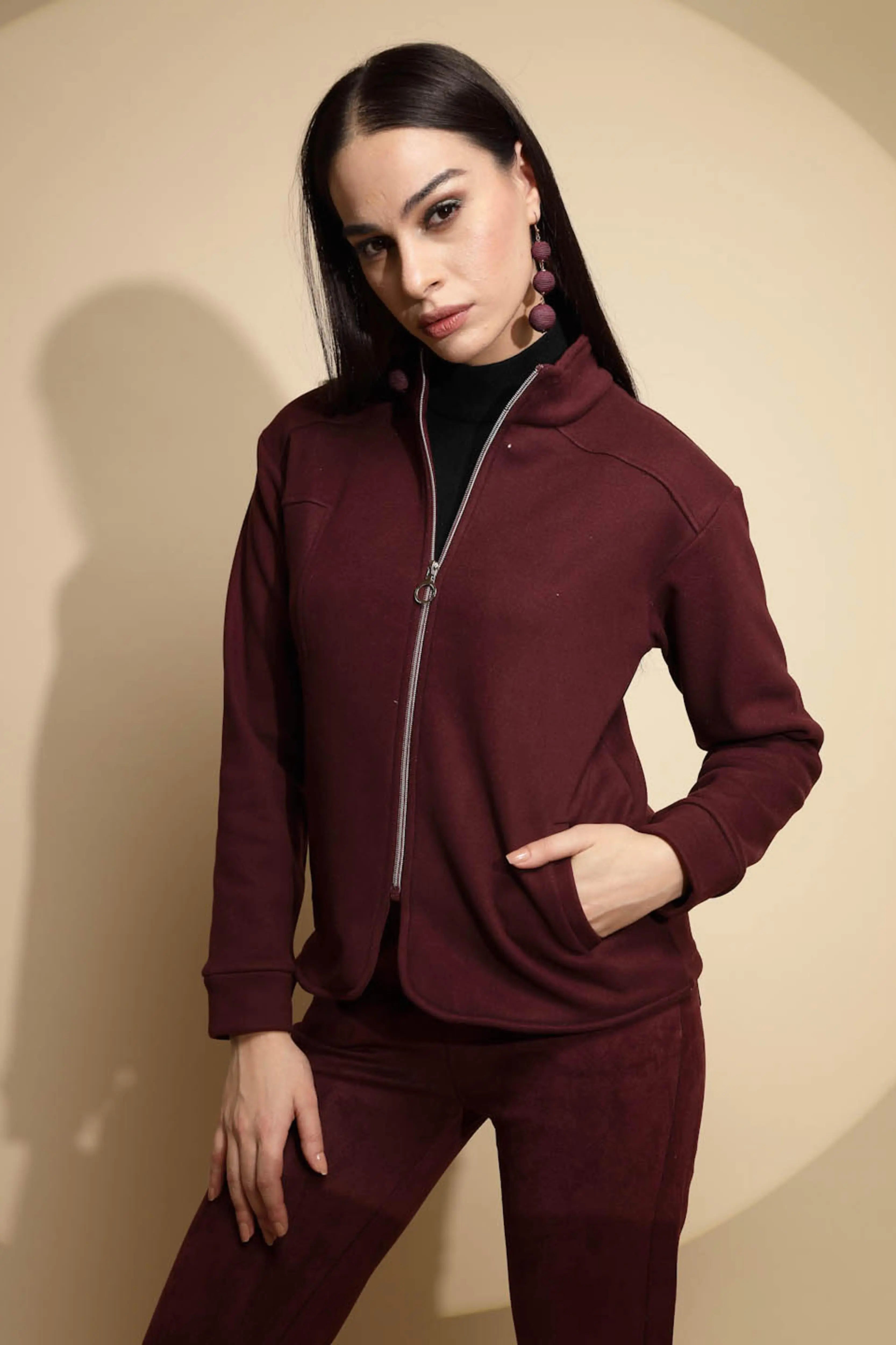 Solid Wine Full Sleeve Turtle Neck Fleece Sweatshirt - Global Republic
