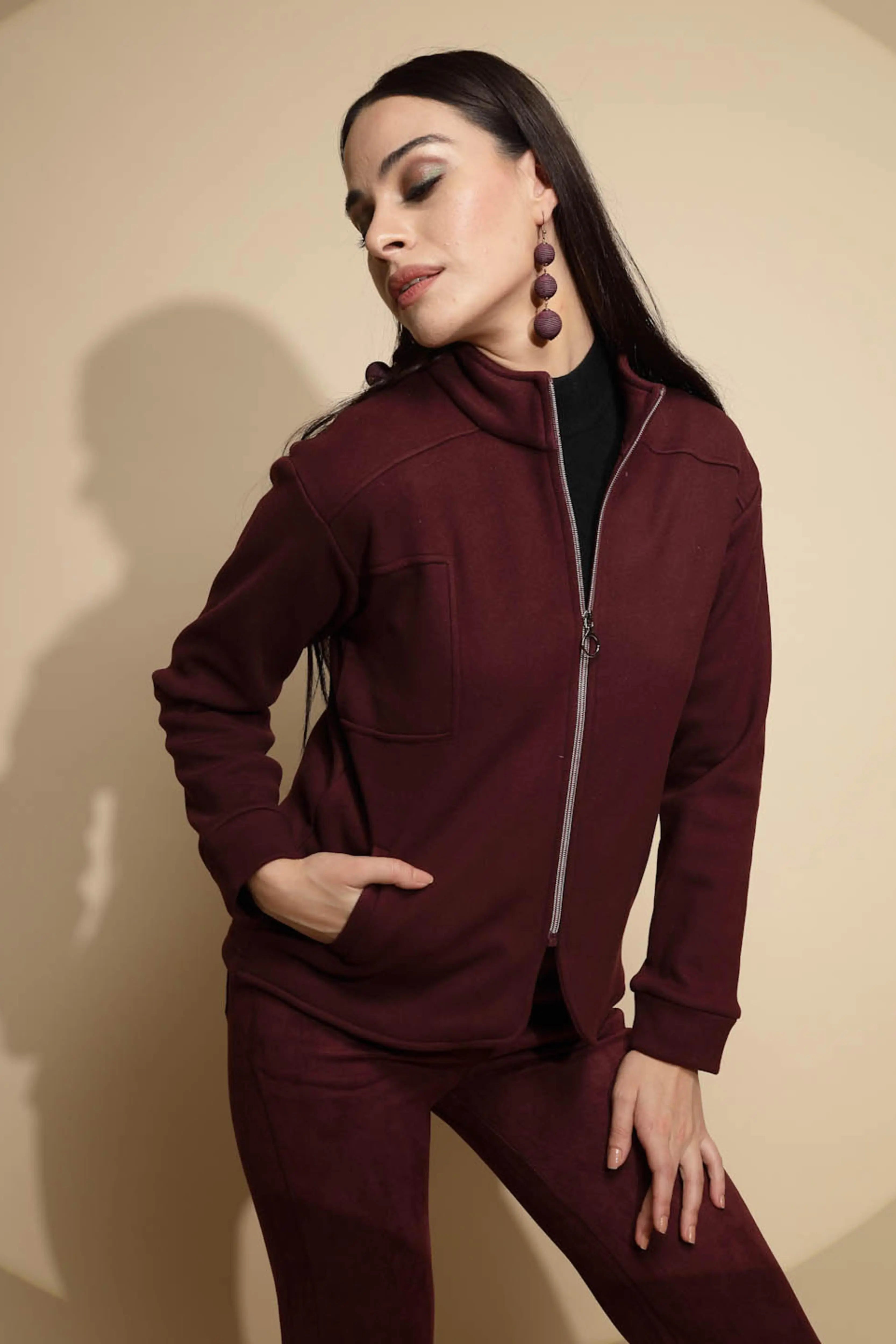 Solid Wine Full Sleeve Turtle Neck Fleece Sweatshirt - Global Republic