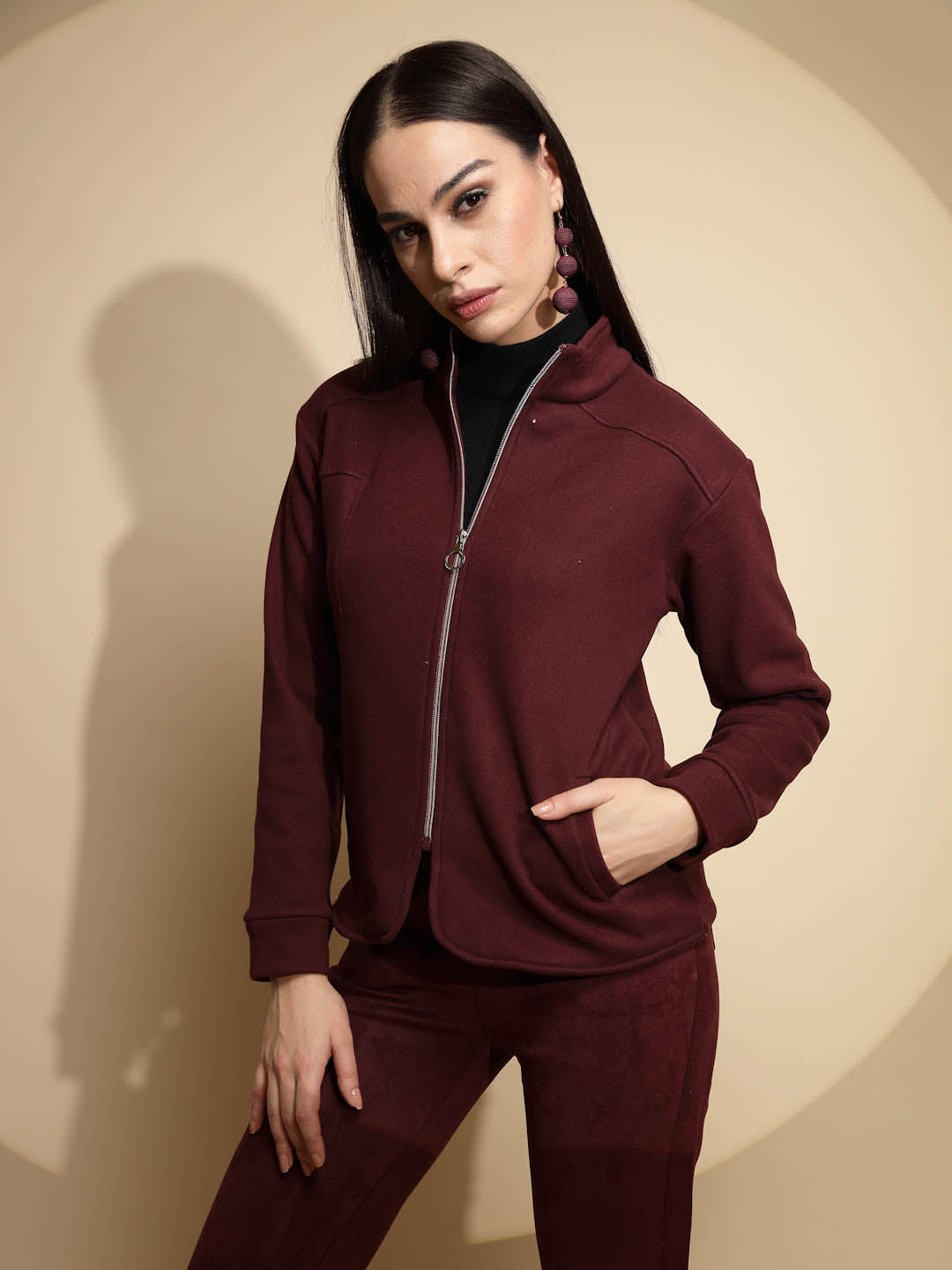 Solid Wine Full Sleeve Turtle Neck Fleece Sweatshirt - Global Republic
