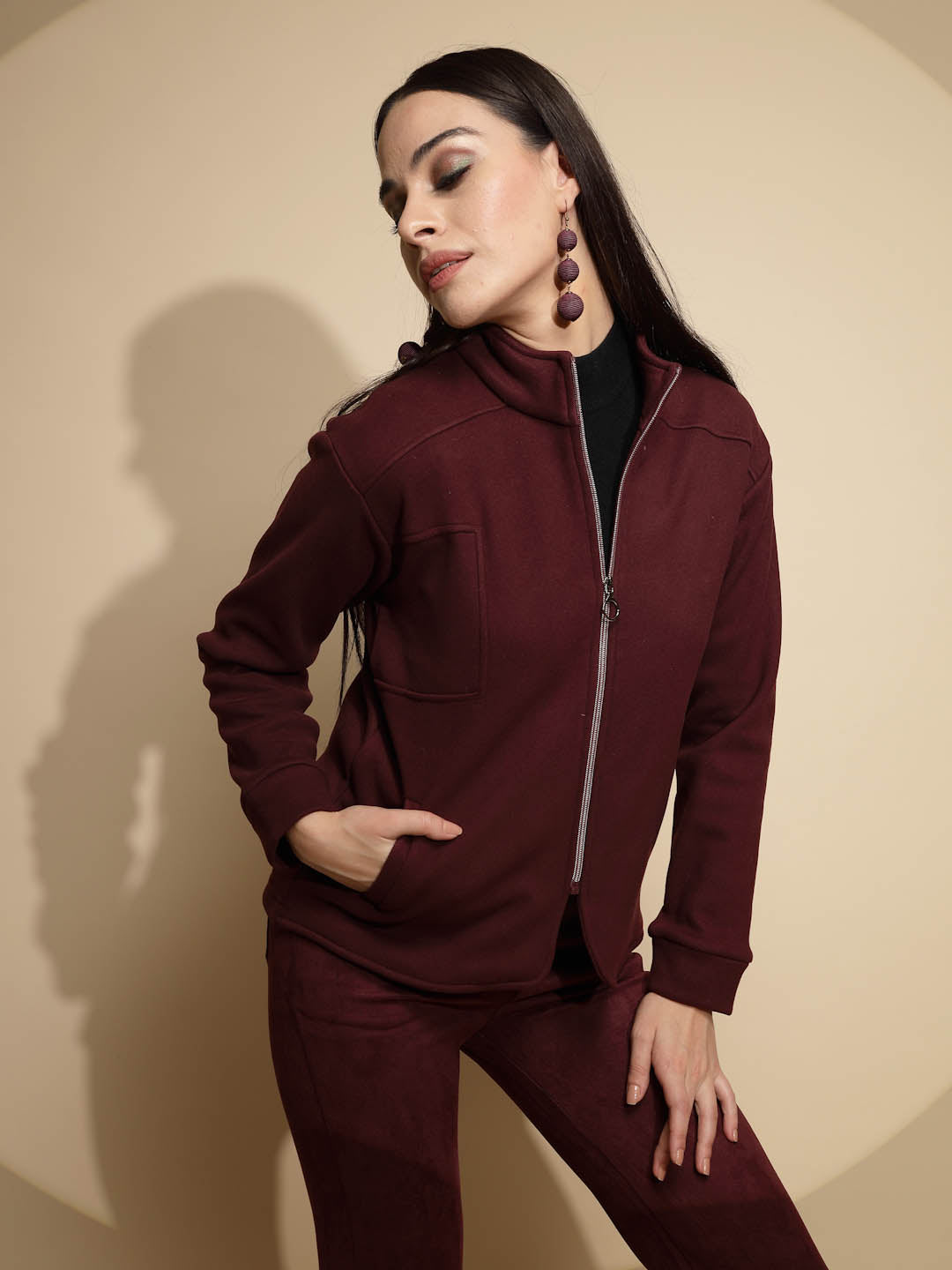 Solid Wine Full Sleeve Turtle Neck Fleece Sweatshirt - Global Republic
