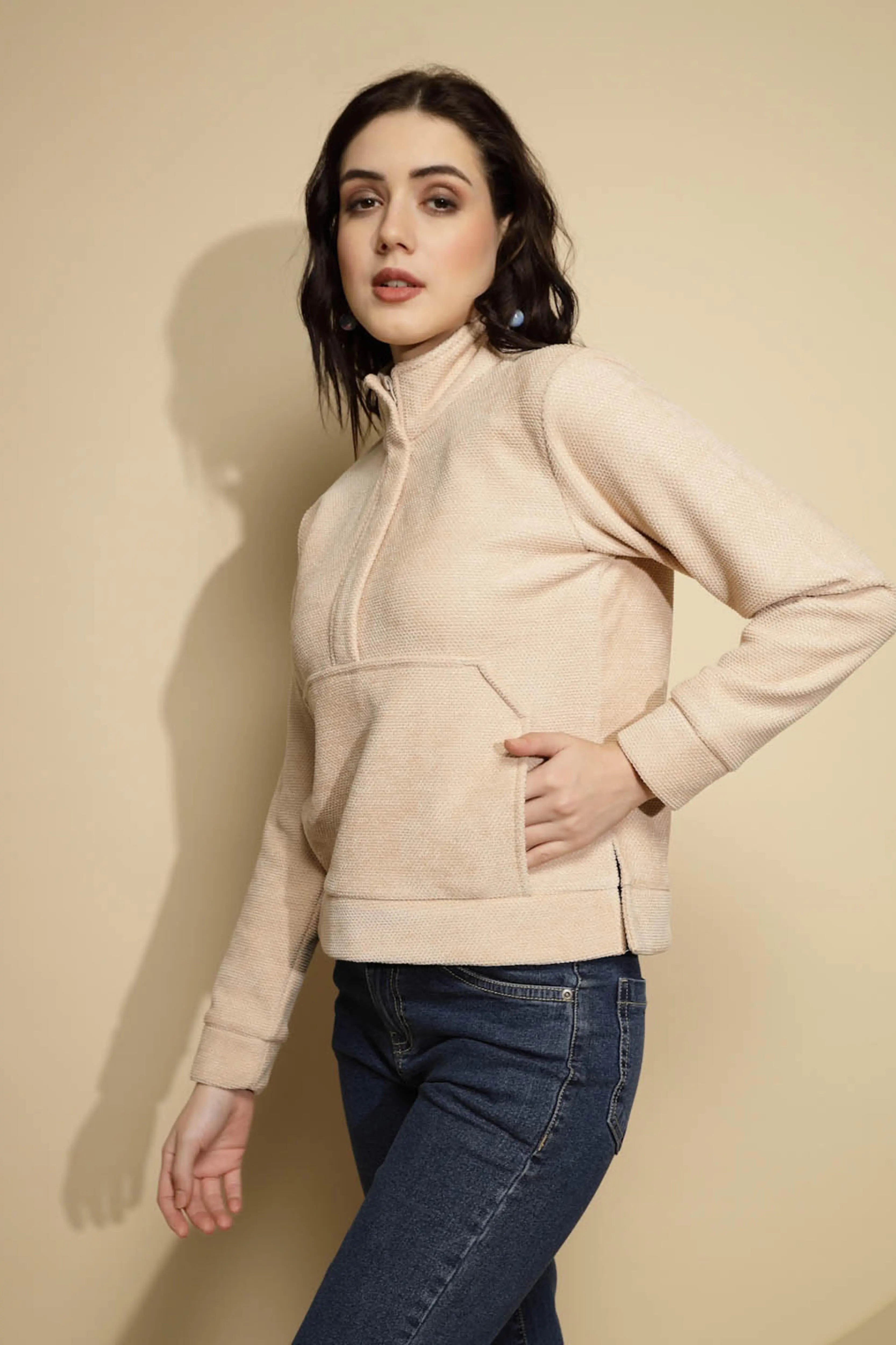 Beige Solid Fleece Sweatshirt - Global Republic