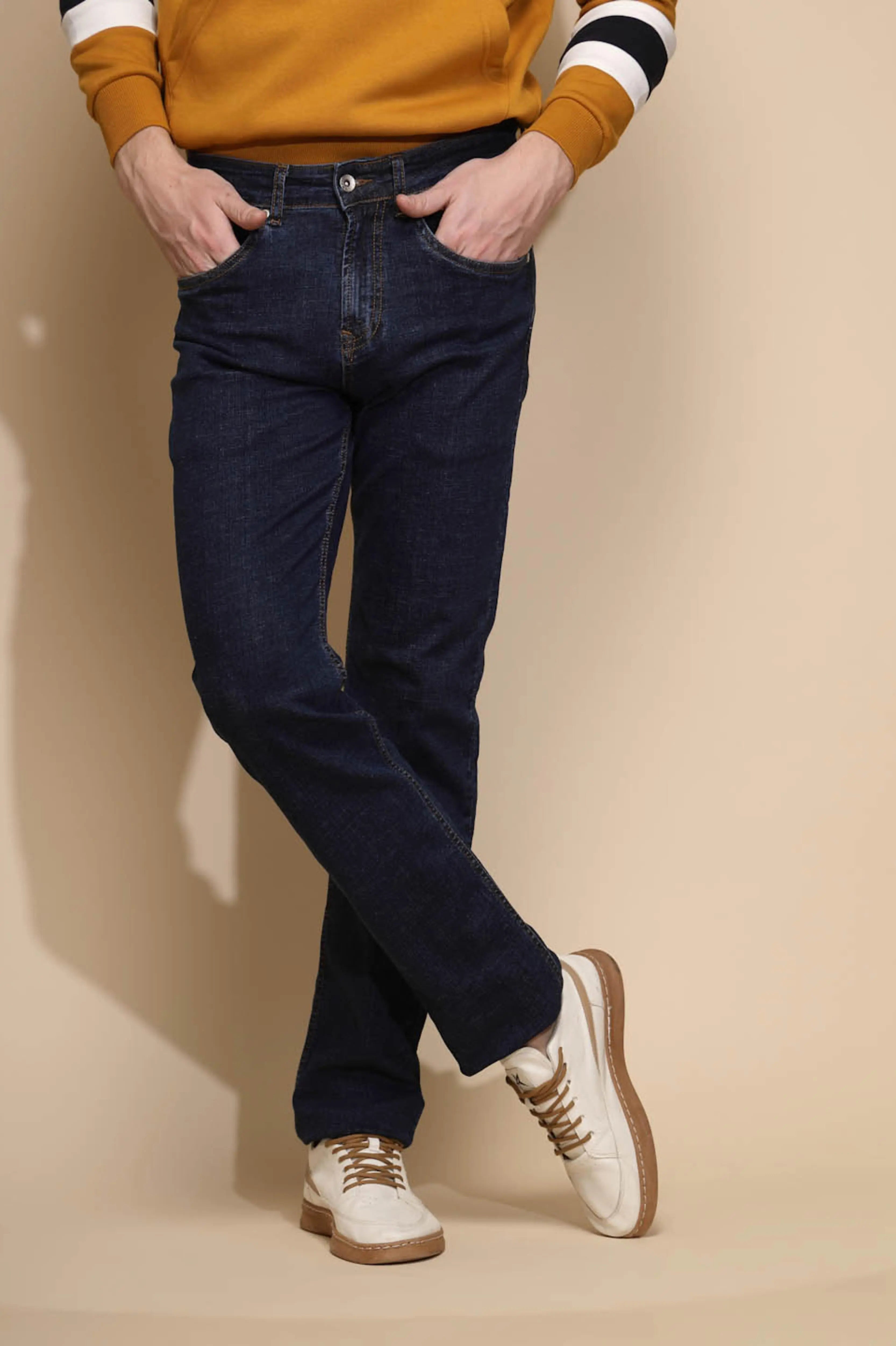 Dark Blue Solid Mid Rise Straight Fit Cotton Blend Full Length Jeans - Global Republic