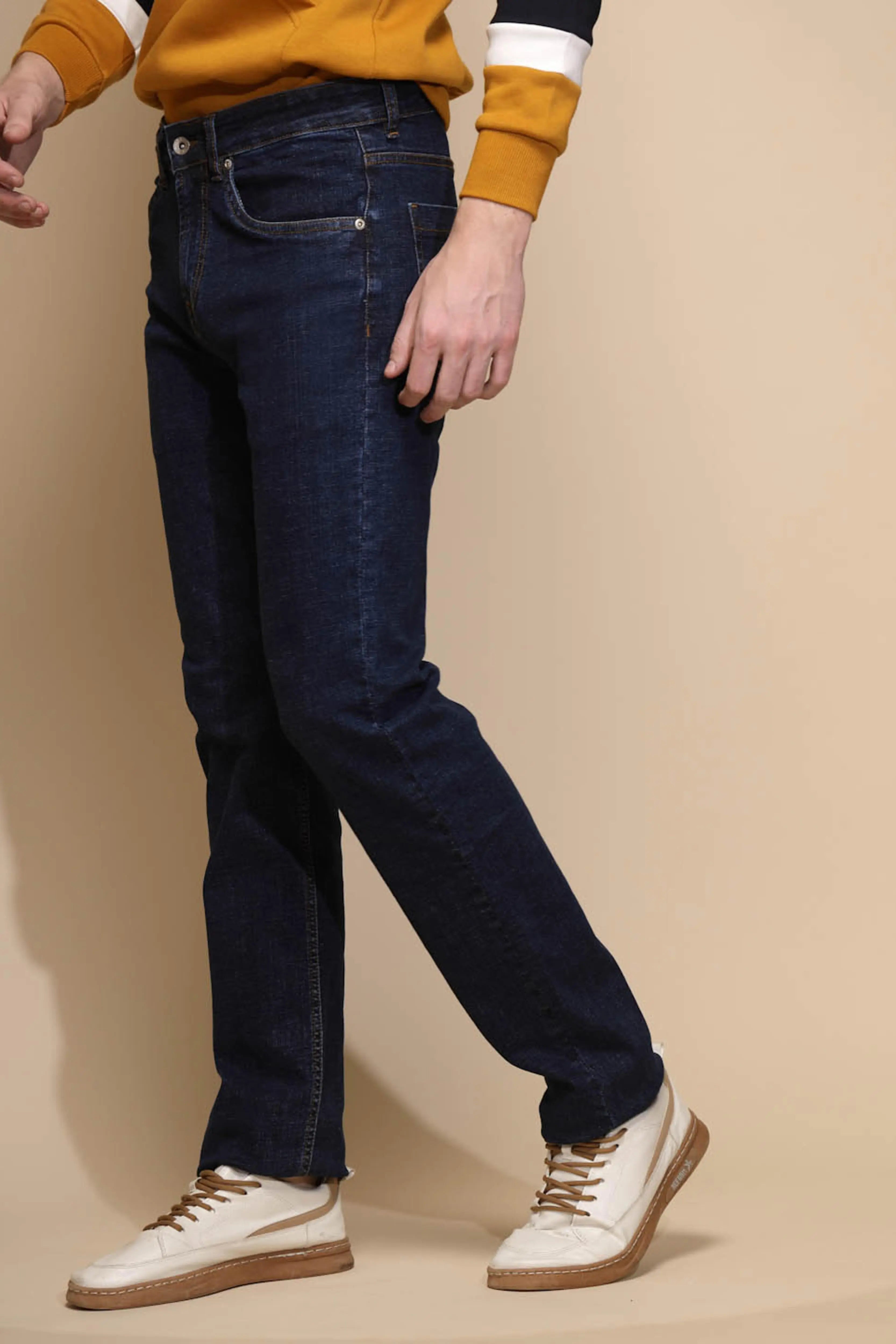 Dark Blue Solid Mid Rise Straight Fit Cotton Blend Full Length Jeans - Global Republic