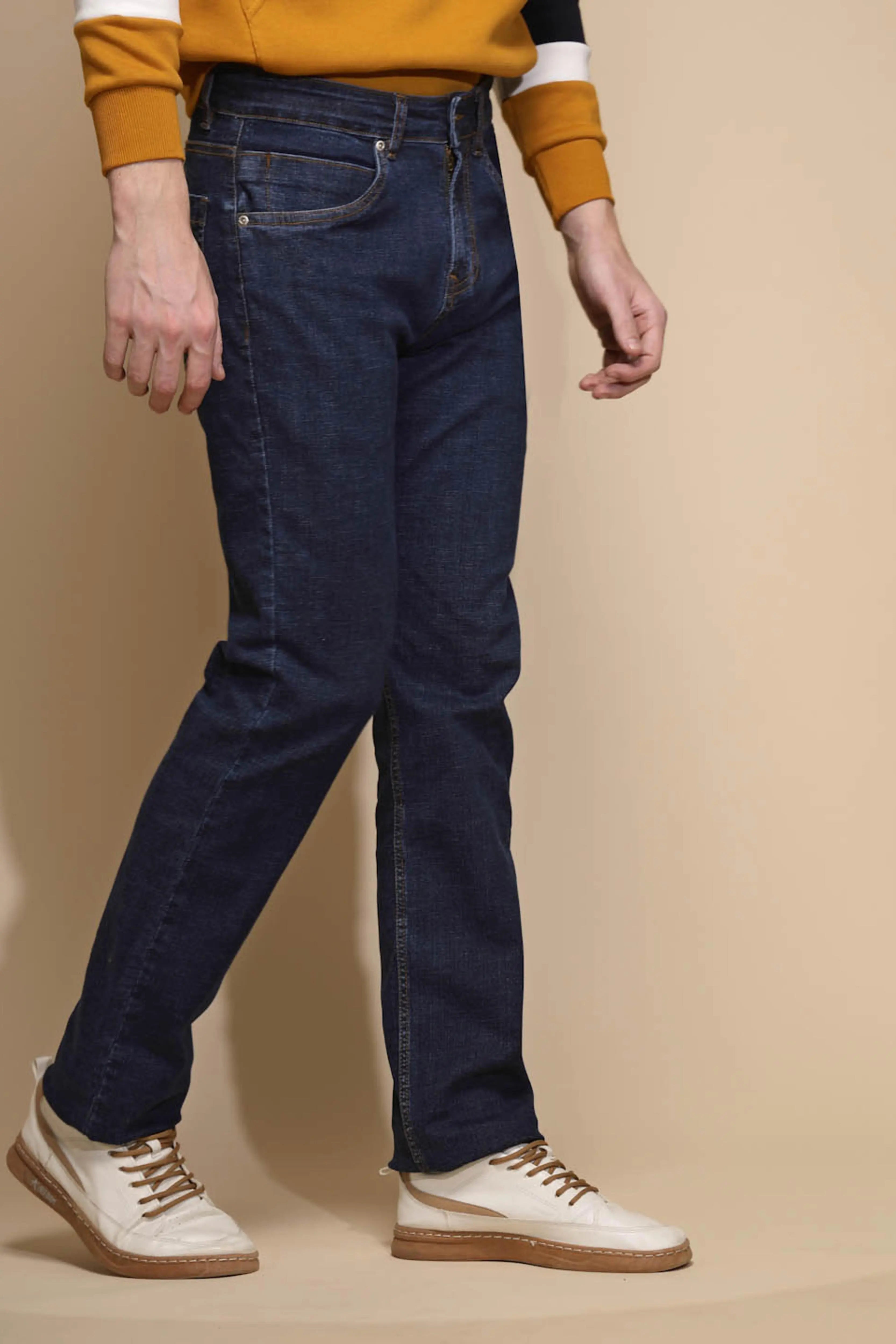 Dark Blue Solid Mid Rise Straight Fit Cotton Blend Full Length Jeans - Global Republic