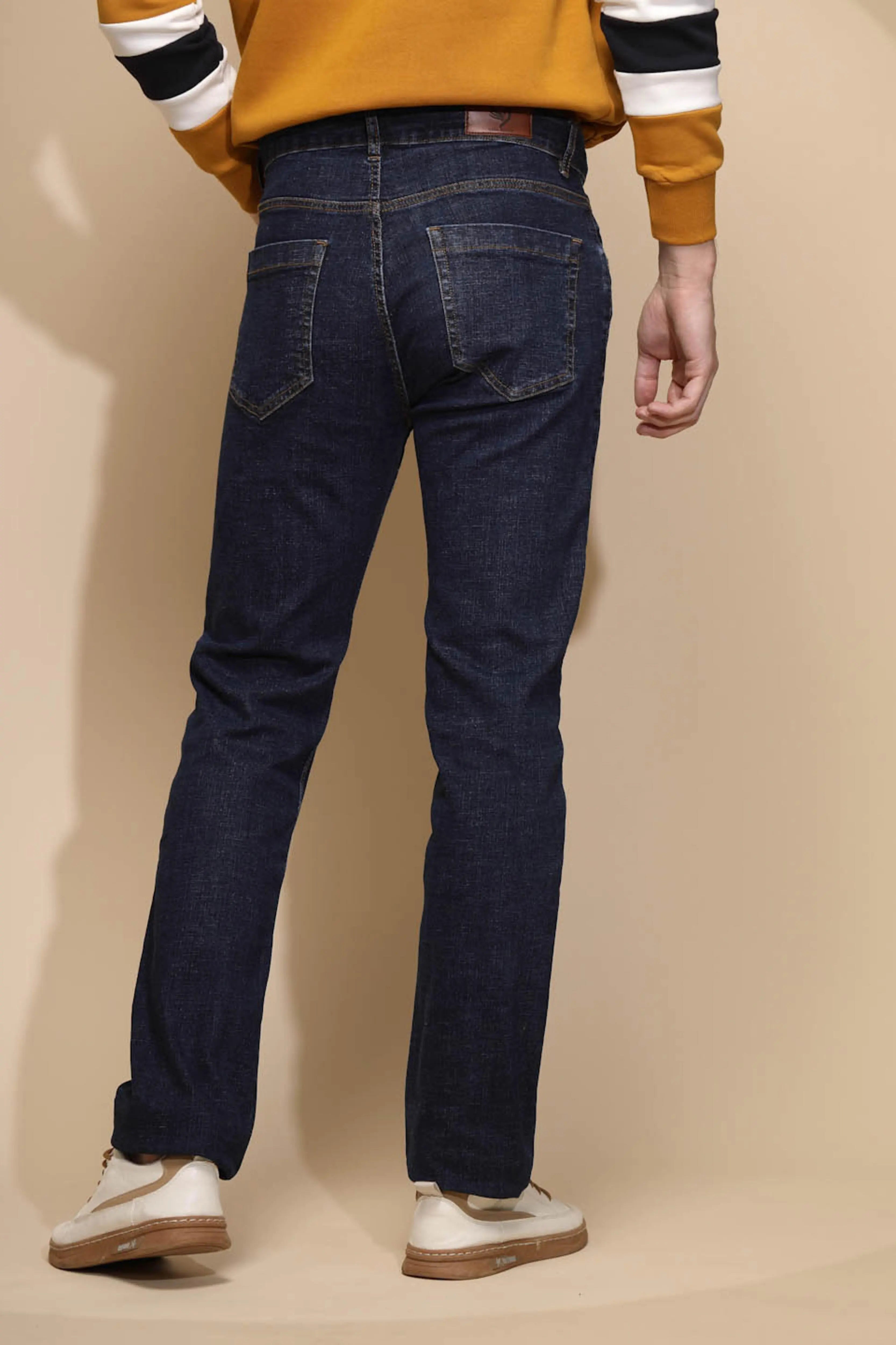 Dark Blue Solid Mid Rise Straight Fit Cotton Blend Full Length Jeans - Global Republic