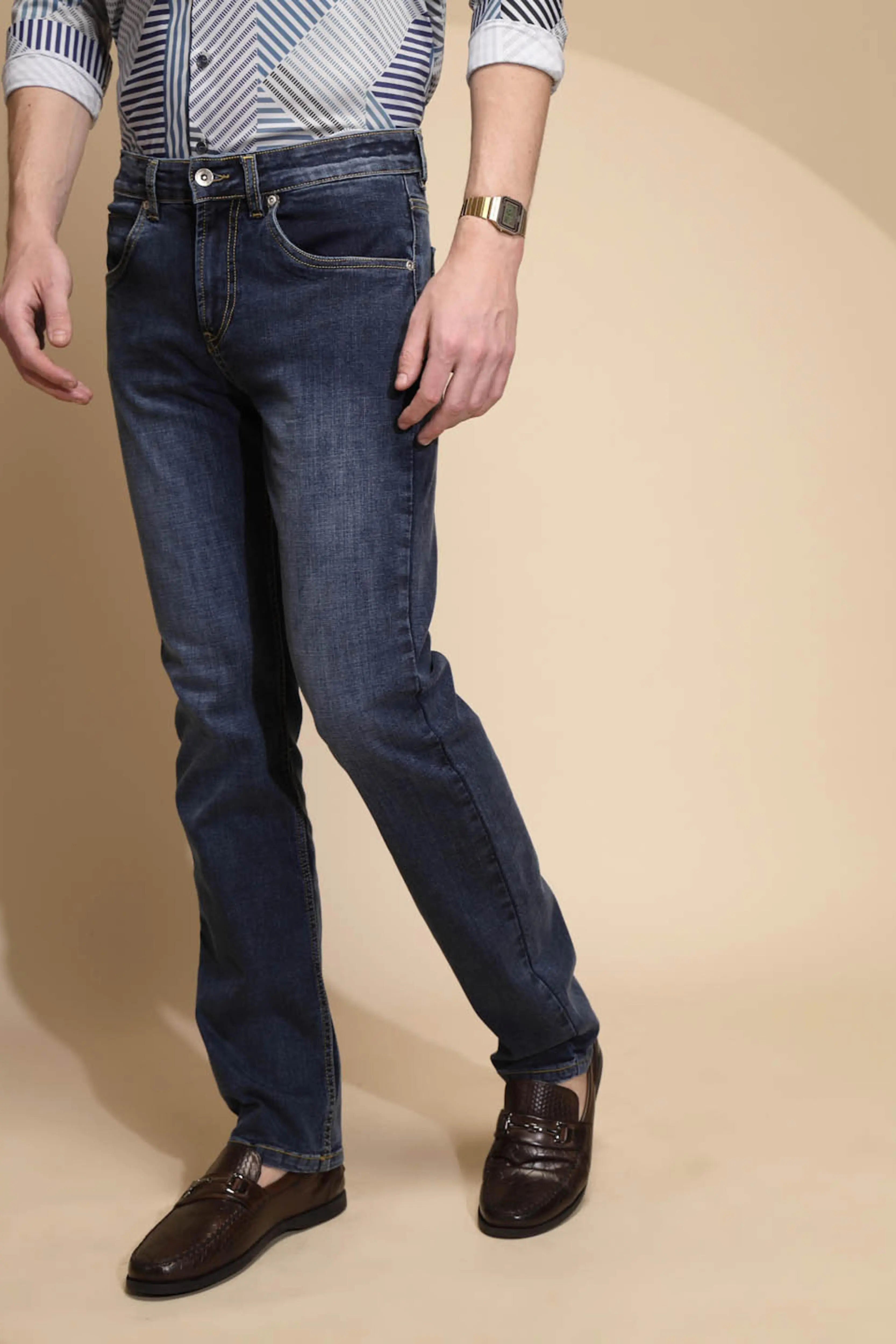 Blue Solid Cotton Blend Jeans - Global Republic