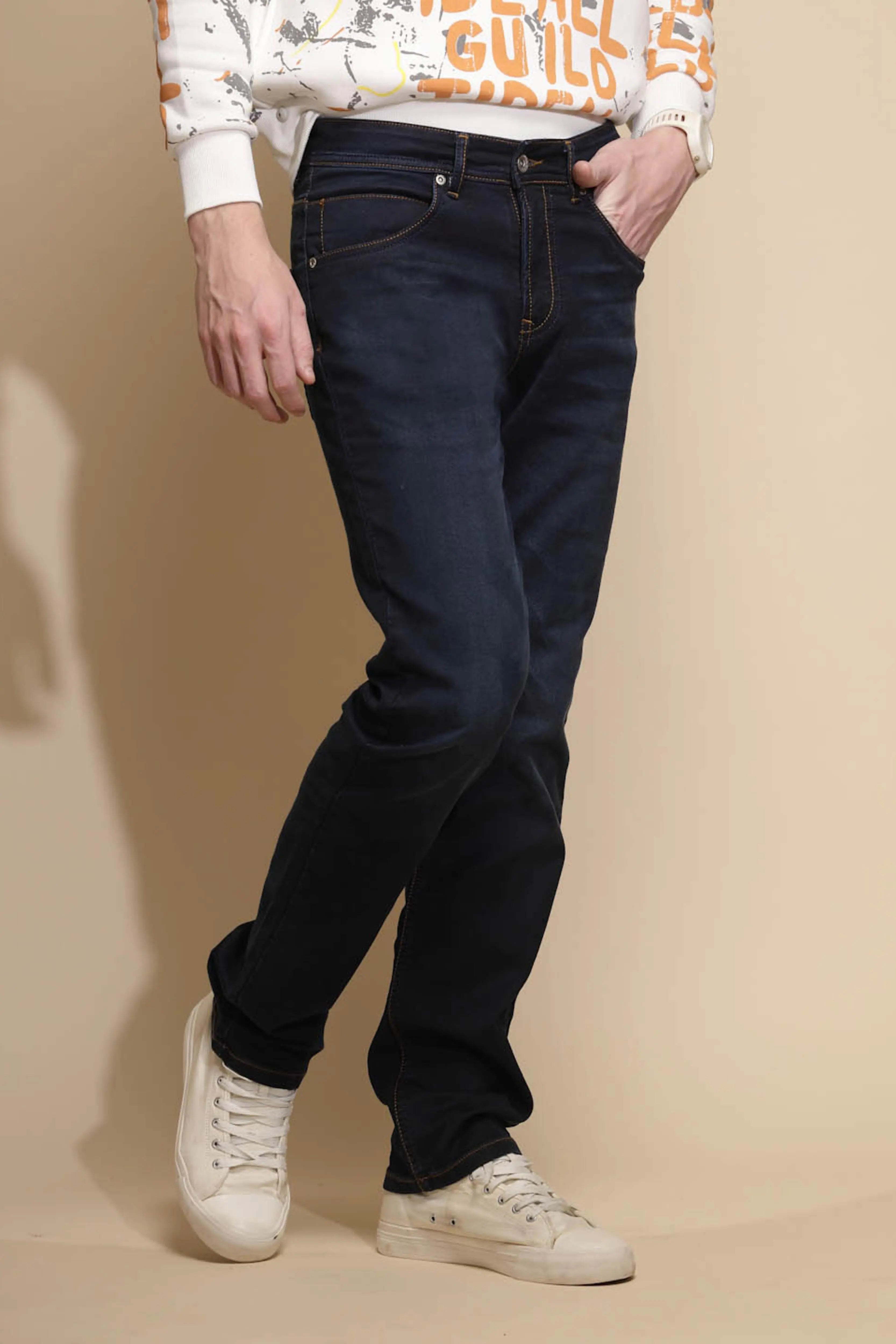 Dark Blue Solid Mid Rise Straight Fit Cotton Blend Jeans - Global Republic