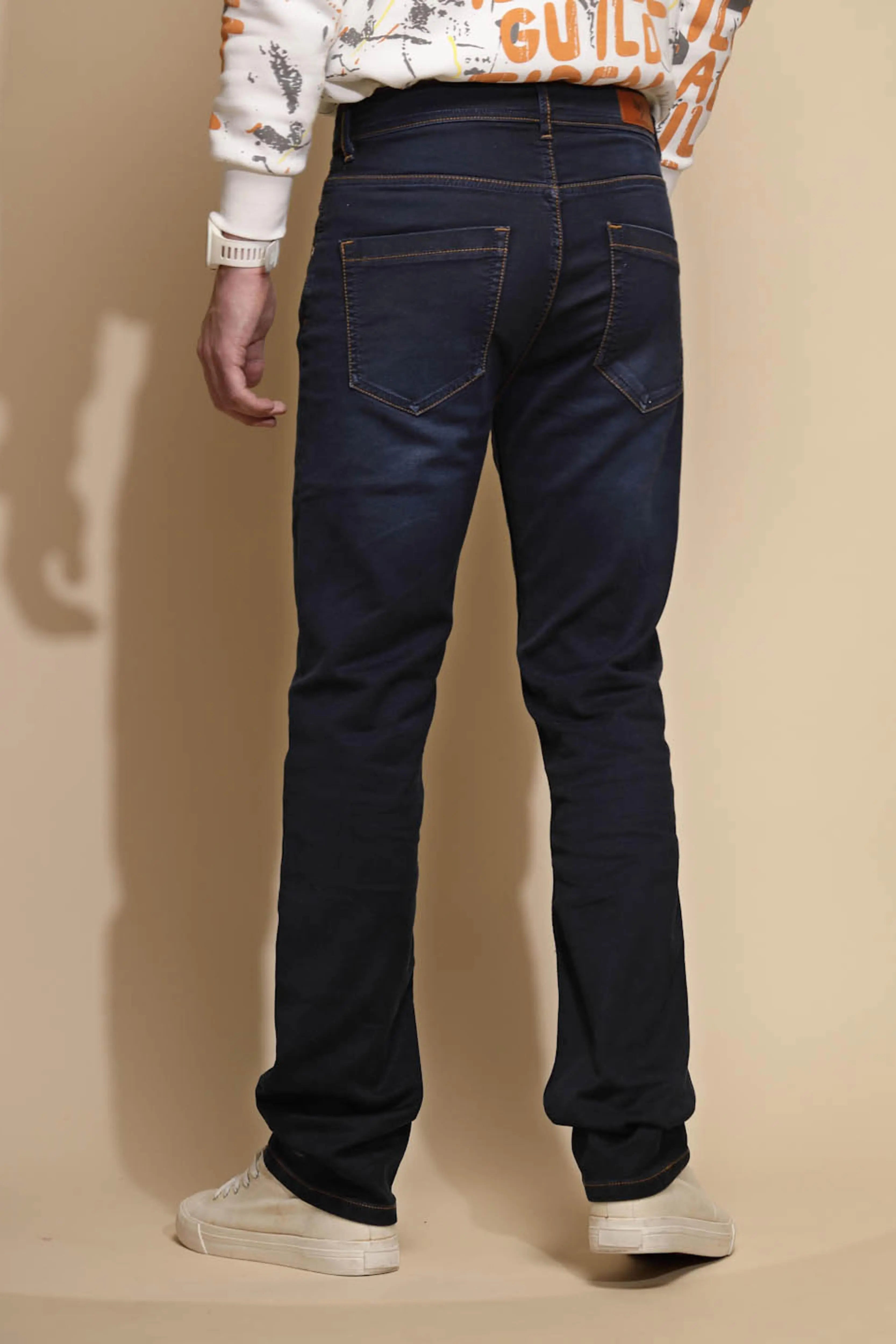 Dark Blue Solid Mid Rise Straight Fit Cotton Blend Jeans - Global Republic