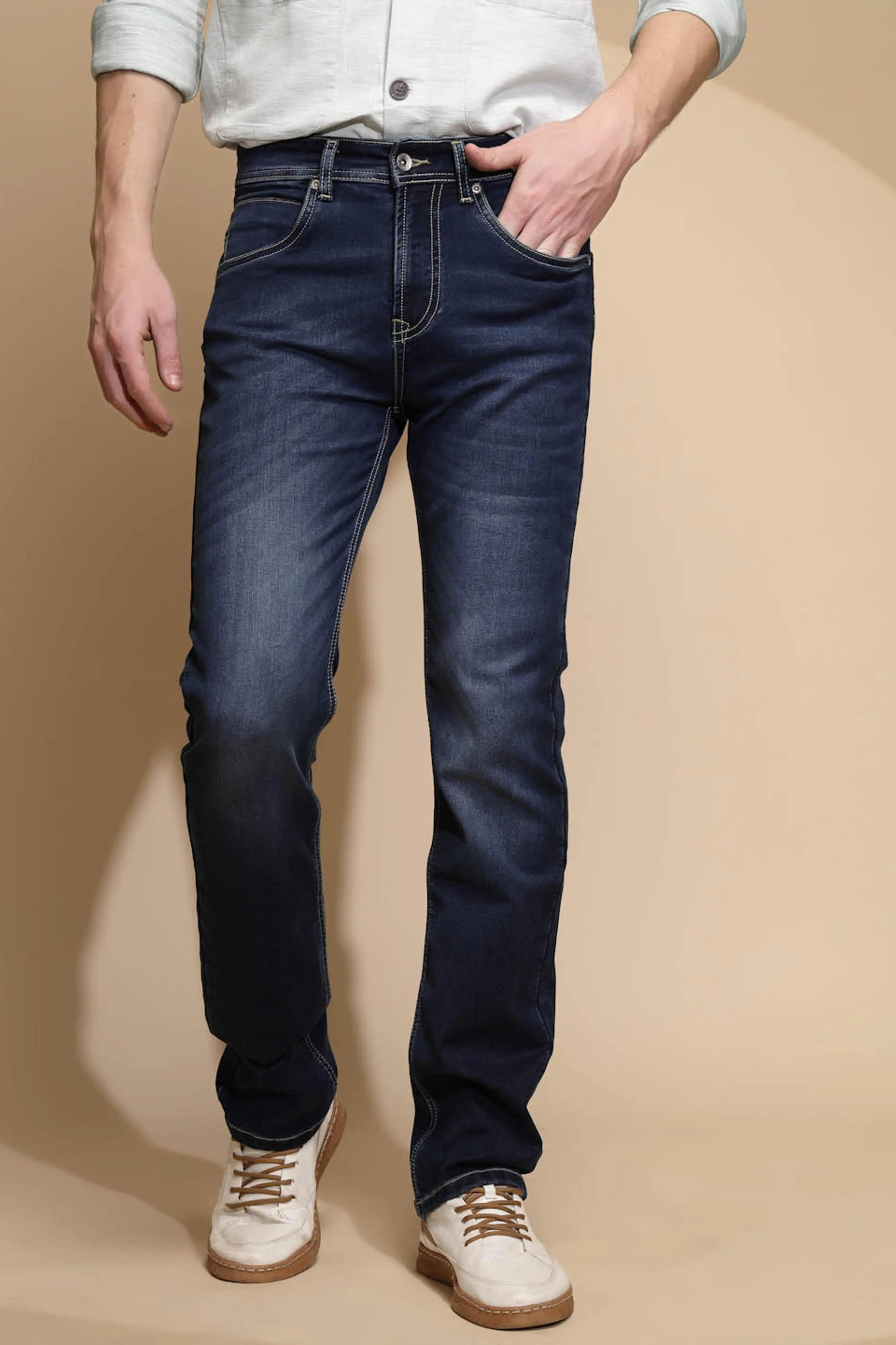 Solid Blue Mid Rise Straight fit Jeans - Global Republic