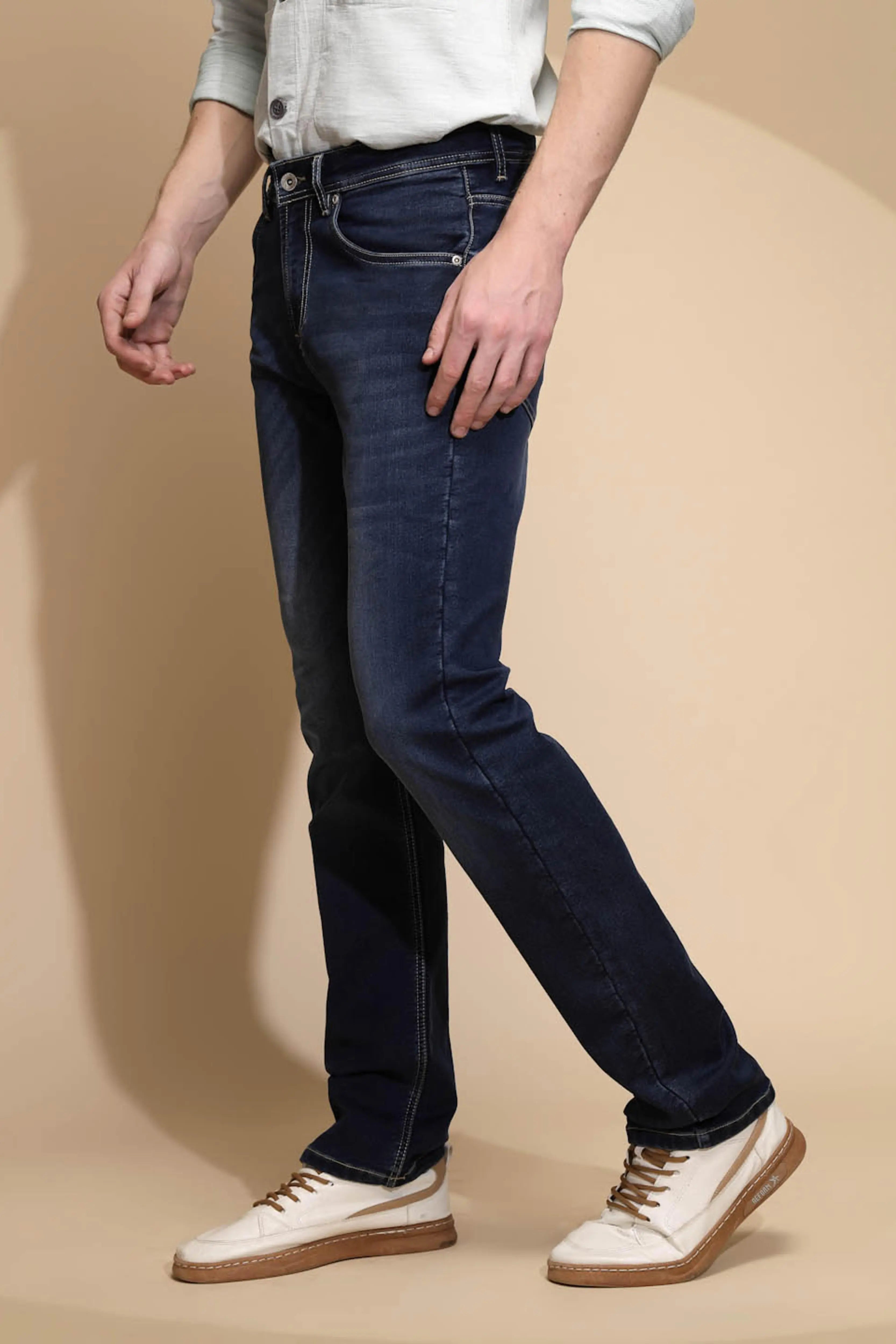 Solid Blue Mid Rise Straight fit Jeans - Global Republic