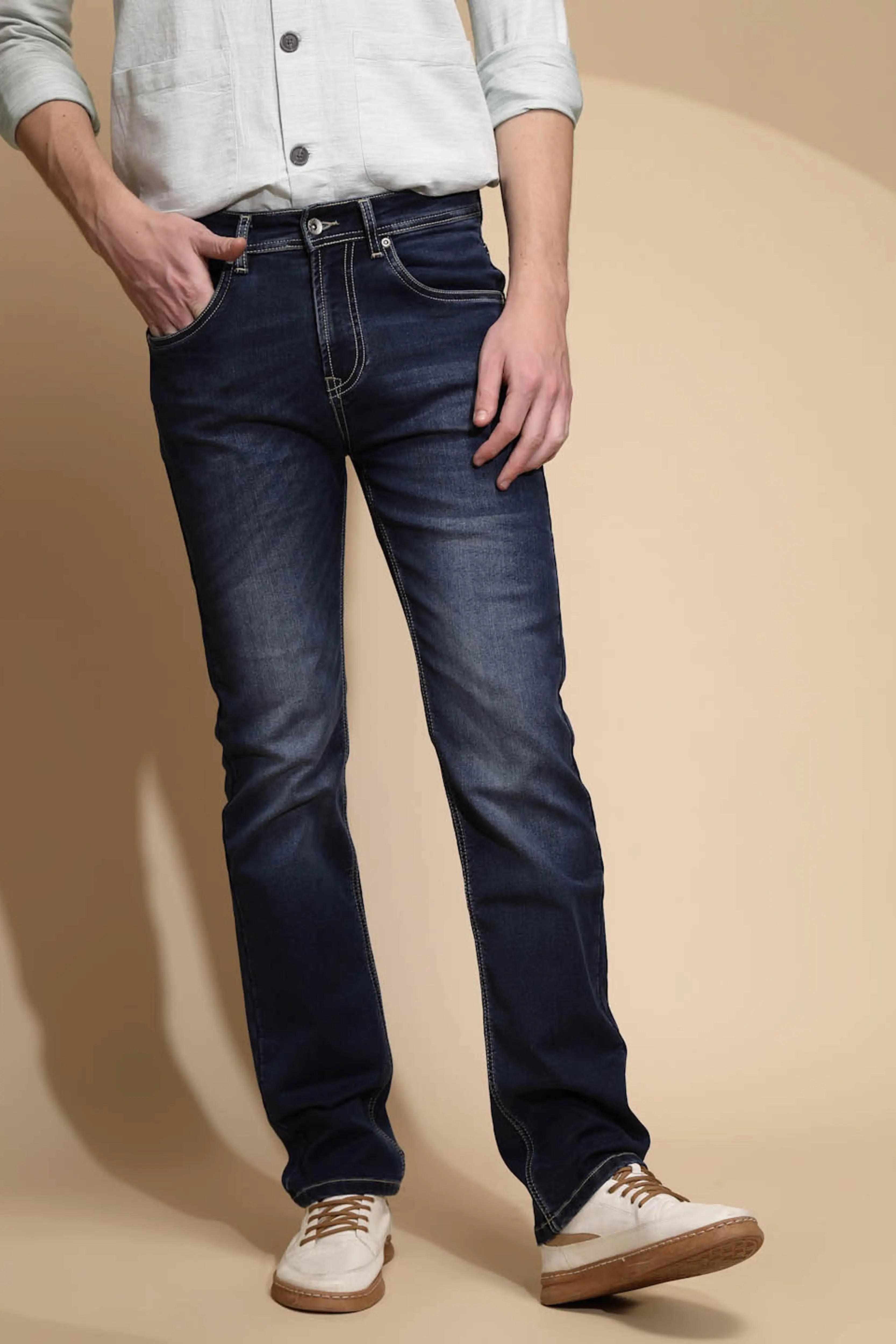 Solid Blue Mid Rise Straight fit Jeans - Global Republic