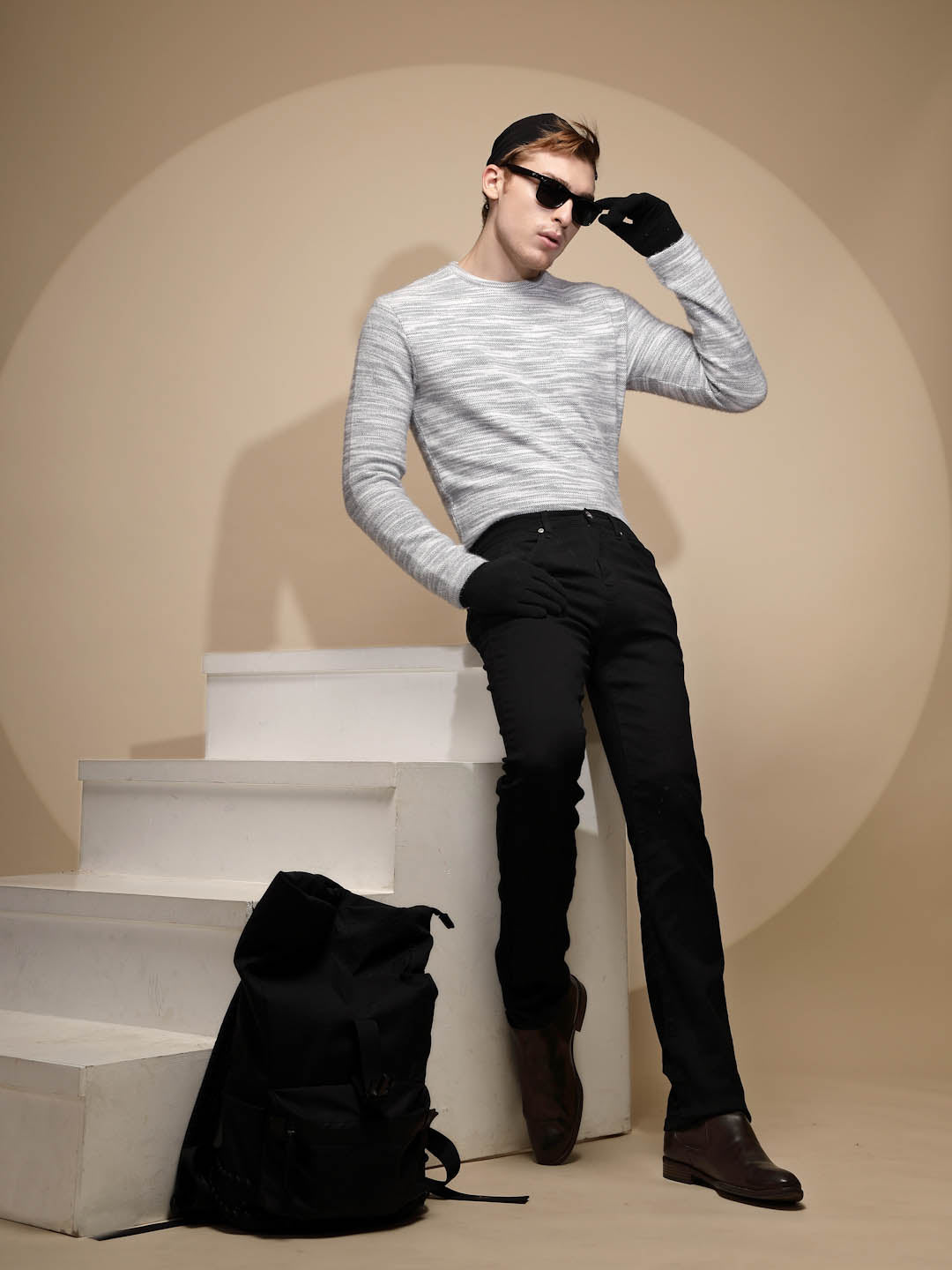 Solid Black Stretchable Mid Rise Straight Fit Cotton Blend Jeans - Global Republic