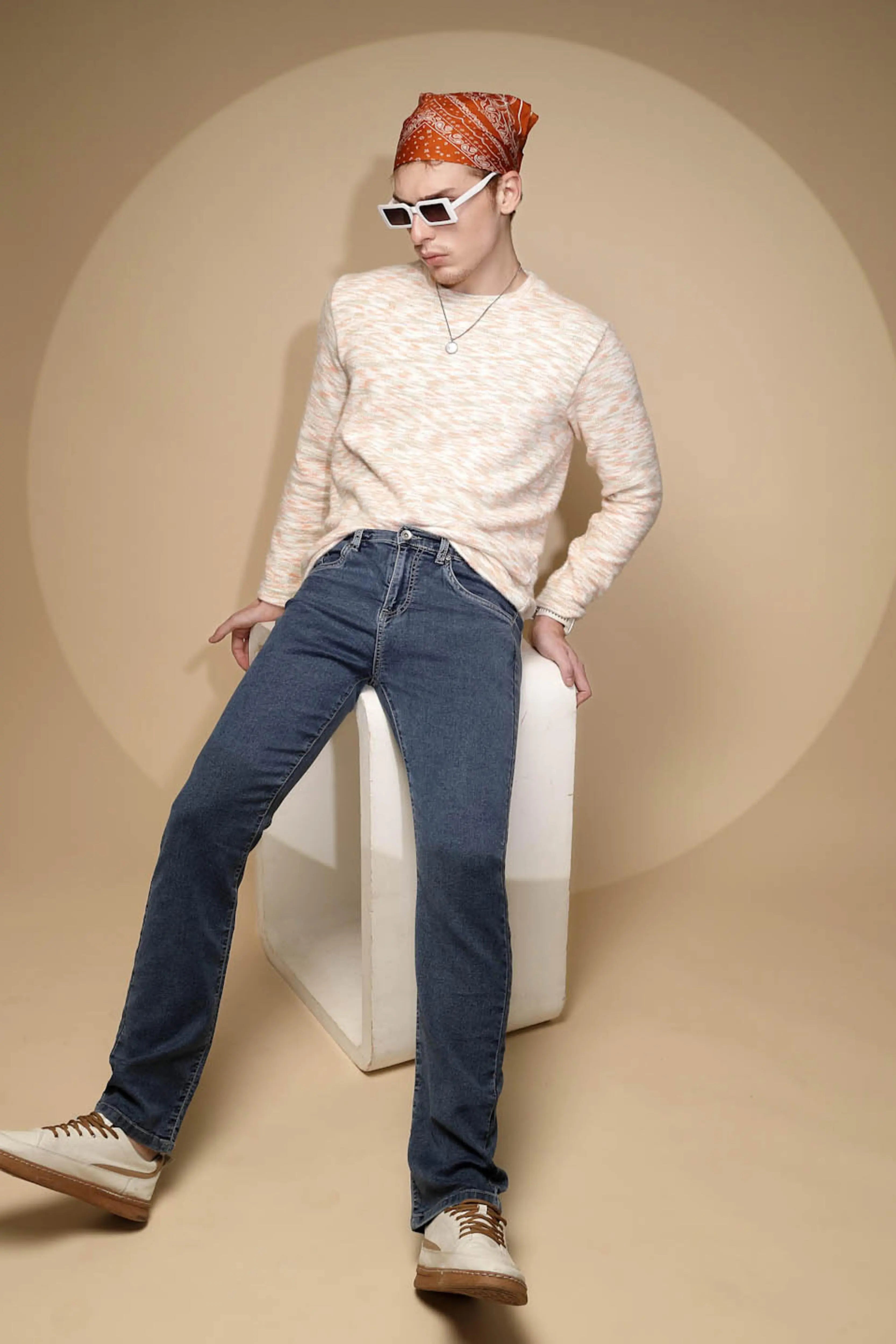 Blue Solid Cotton Blend Jeans - Global Republic