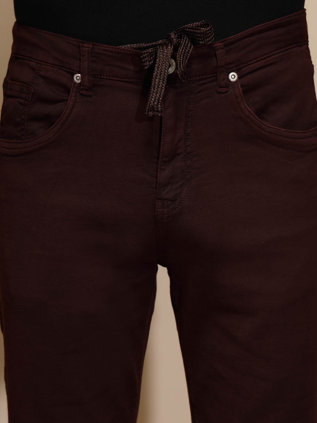 Maroon Solid Mid Rise Slim Fit Cotton Blend Jeans