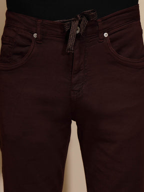 Maroon Solid Mid Rise Slim Fit Cotton Blend Jeans