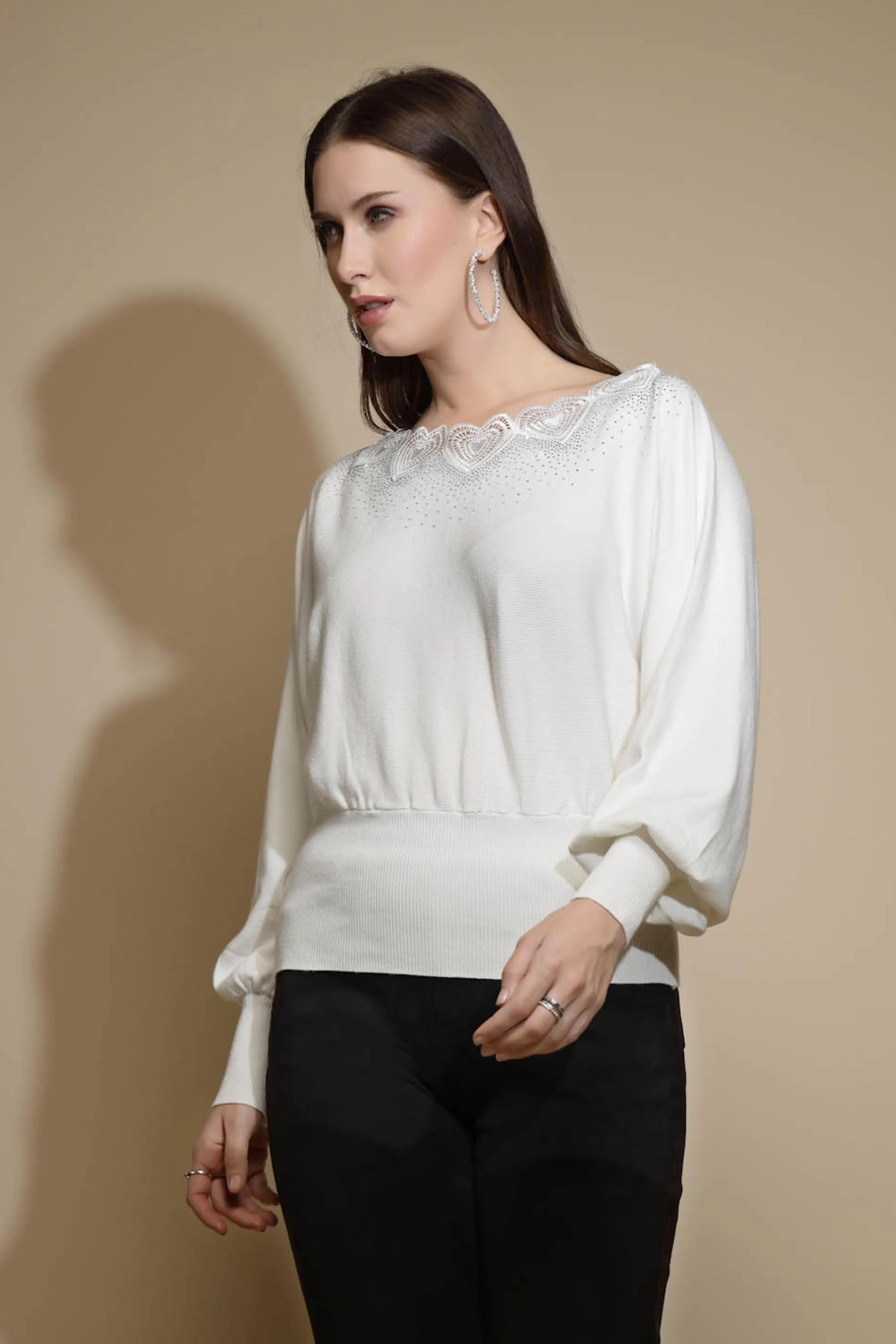 White Embellished Bishop Sleeve Boat Neck  Pullover Sweater - Global Republic